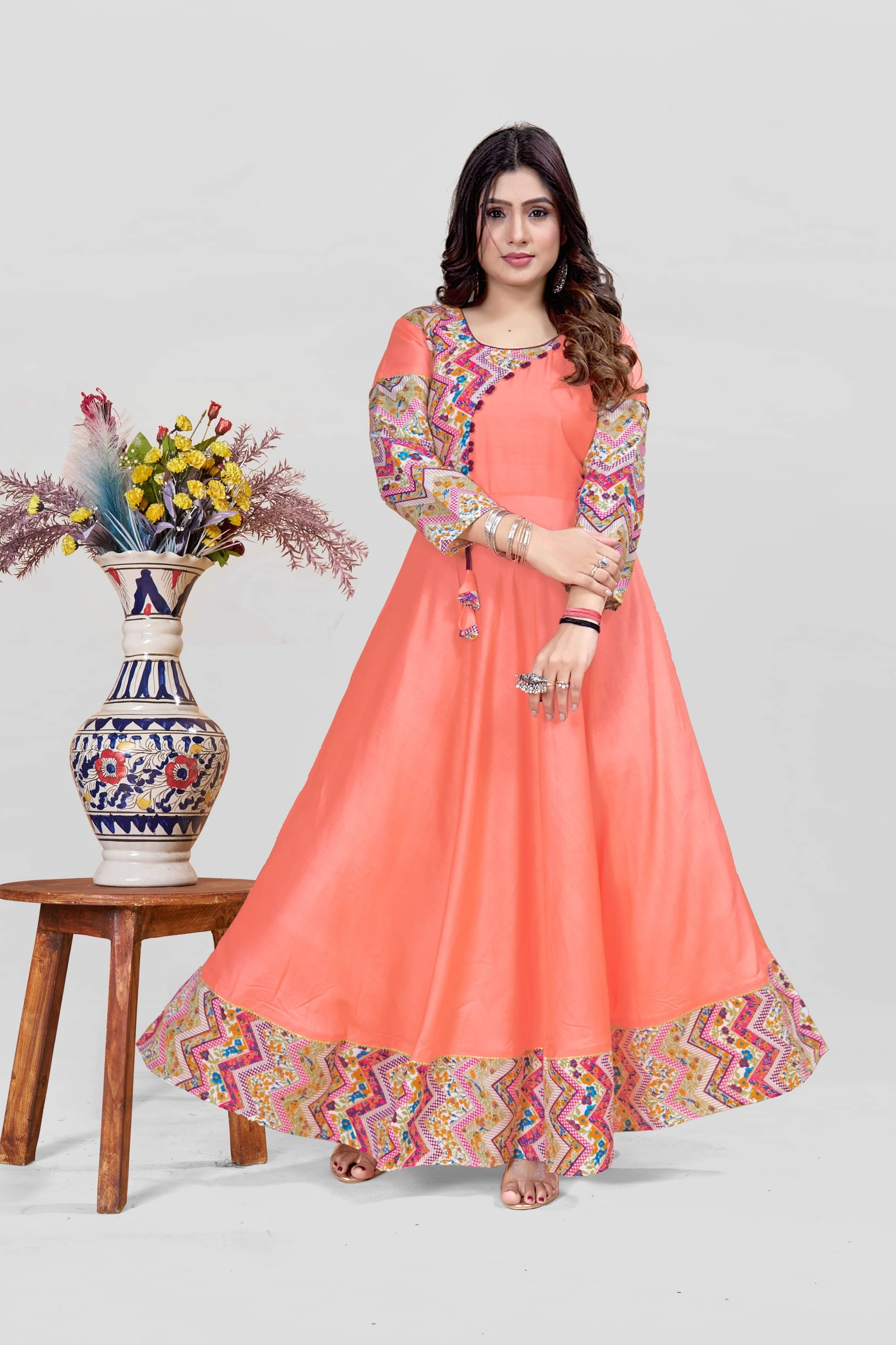 MEESORRA Pack of 1 Rayon Printed Anarkali Women's Kurti - ( Peach ) MEESORRA Pack of 1 Rayon Printed Anarkali Women's Kurti - ( Peach )