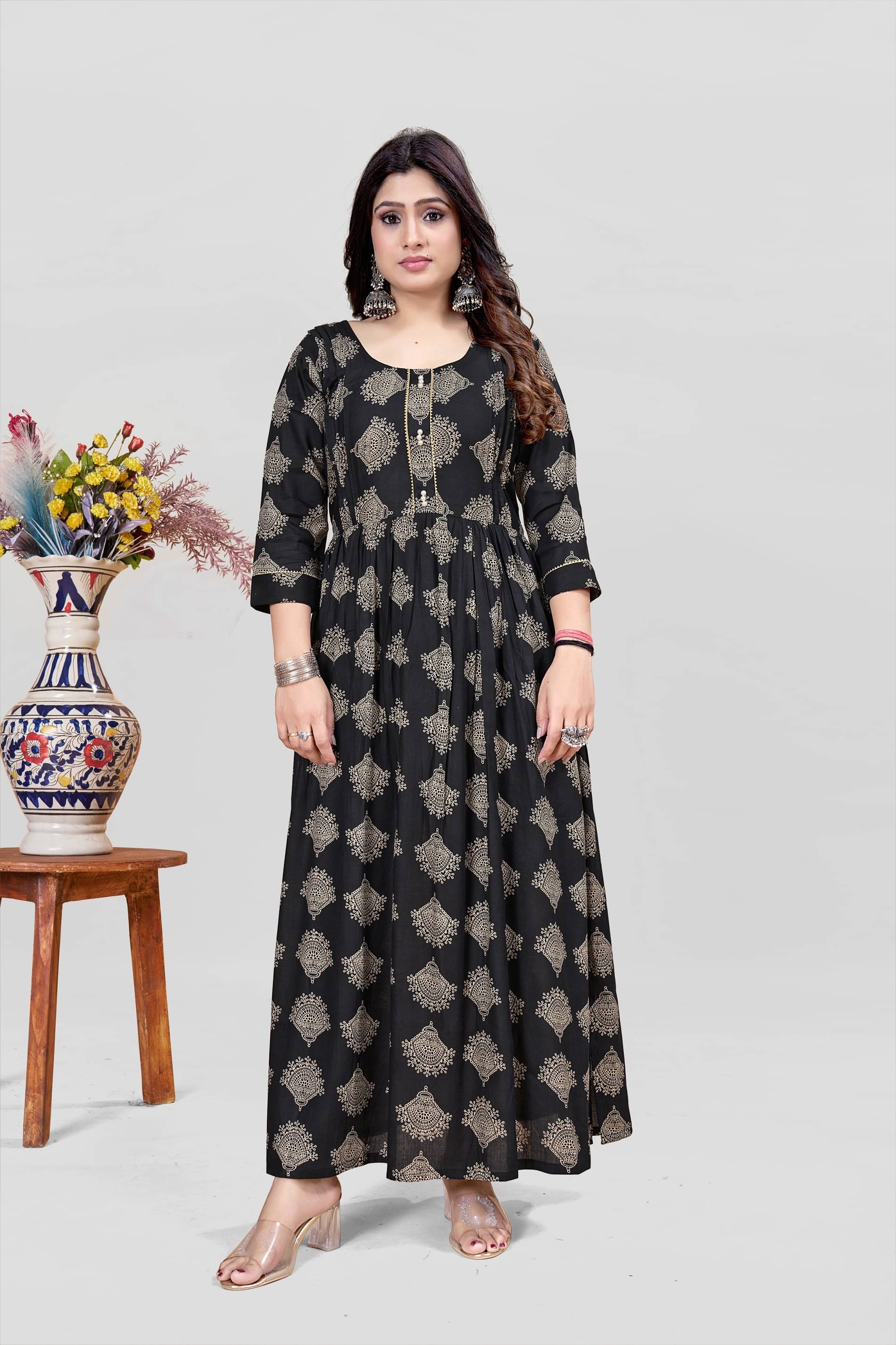 MEESORRA Pack of 1 Rayon Printed Anarkali Women's Kurti - ( Black ) MEESORRA Pack of 1 Rayon Printed Anarkali Women's Kurti - ( Black )