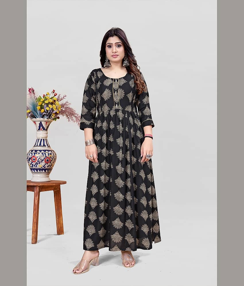 MEESORRA Pack of 1 Rayon Printed Anarkali Women's Kurti - ( Black ) - Kurtis, Tunics | Buy online on ZillyBuy