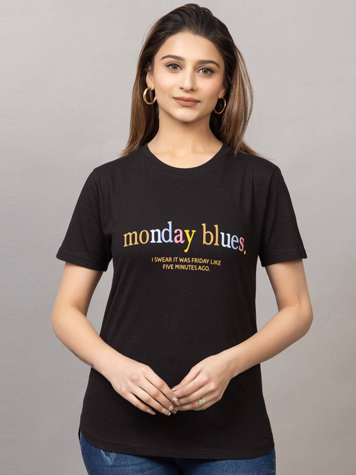 MISDYNAMIC Women Cotton Printed Regular Fit Round Neck T-Shirt ( Black ) MISDYNAMIC Women Cotton Printed Regular Fit Round Neck T-Shirt ( Black )