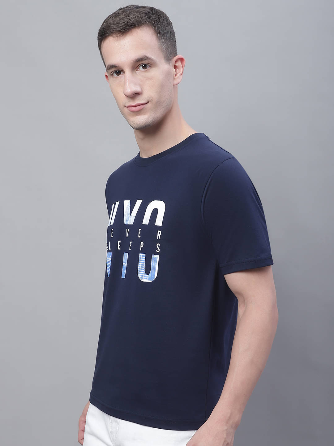     			OBAAN Cotton Blend Regular Fit Printed Half Sleeves Men's Round T-Shirt - Navy ( Pack of 1 )