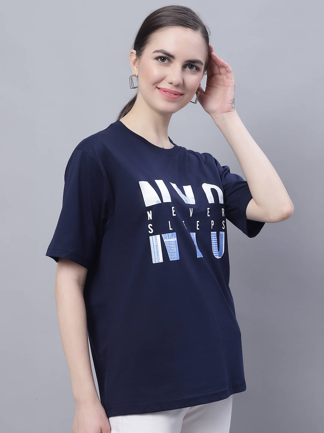     			OBAAN Women Cotton Blend Printed Regular Fit Round Neck T-Shirt ( Navy )