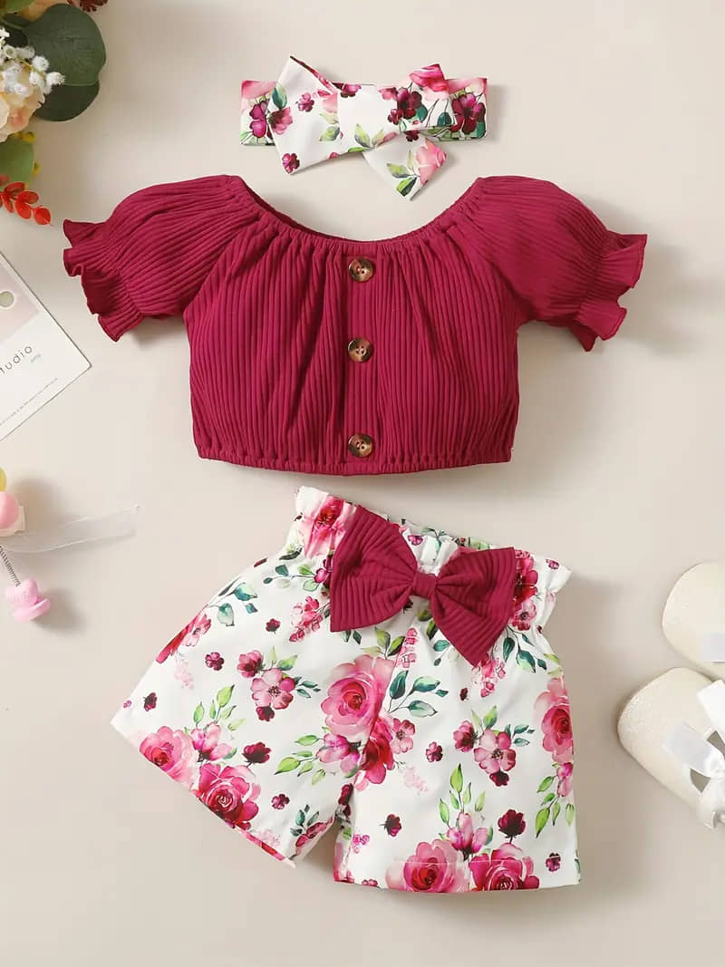 PORPY Pack of 1 Baby Girls Cotton Blend T-shirt & Shorts ( Maroon )