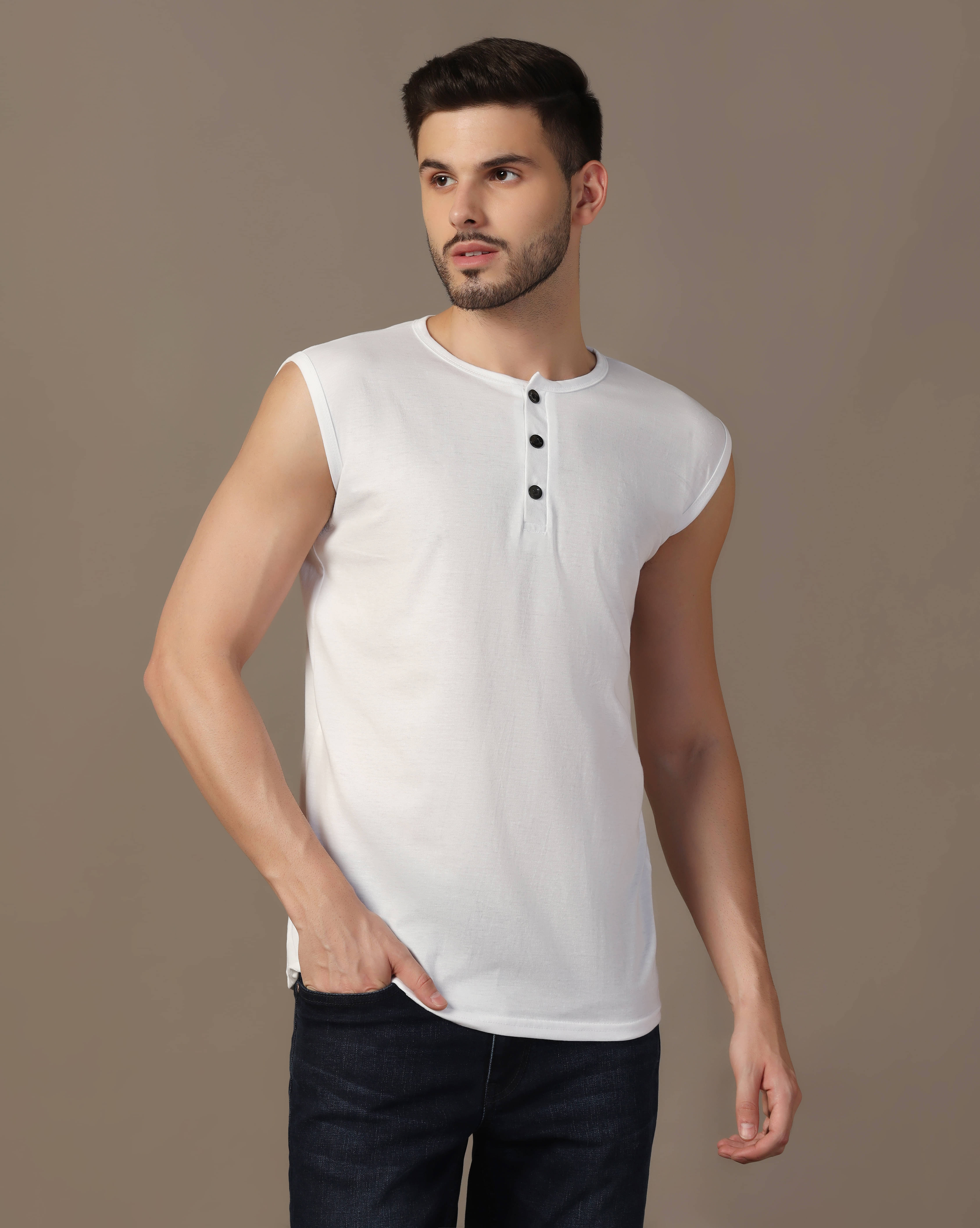     			Beyou Fashion Cotton Blend Regular Fit Solid Sleeveless Men's Henley T-Shirt - White ( Pack of 1 )