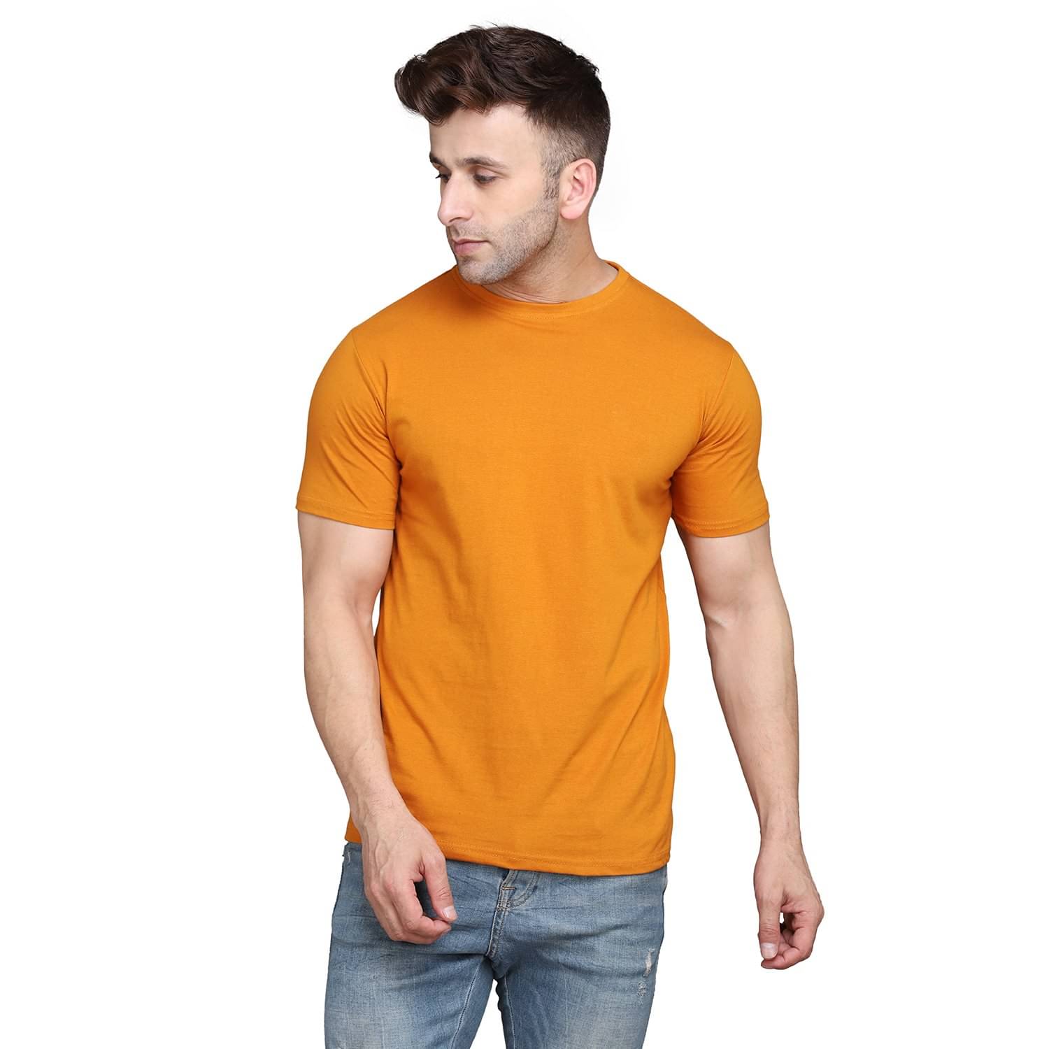 Beyou Fashion Cotton Blend Regular Fit Solid Half Sleeves Men's Round T-Shirt - Gold ( Pack of 1 )     			Beyou Fashion Cotton Blend Regular Fit Solid Half Sleeves Men's Round T-Shirt - Gold ( Pack of 1 )