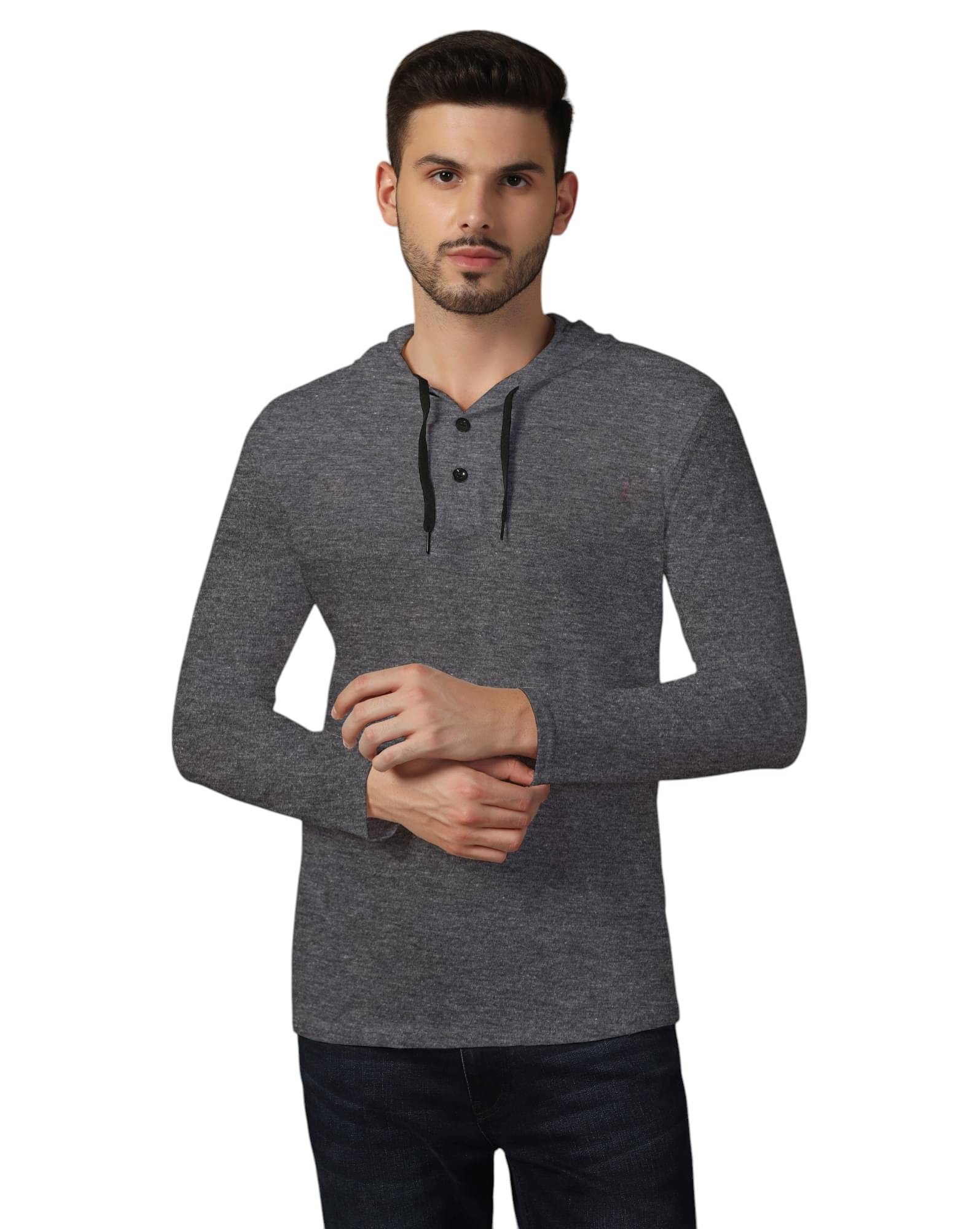     			Beyou Fashion Cotton Blend Regular Fit Solid Full Sleeves Men's Hooded T-Shirt - Grey ( Pack of 1 )