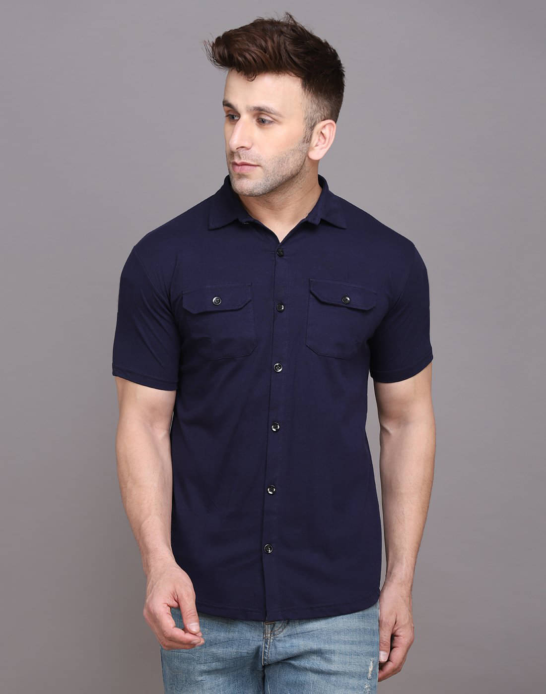 Beyou Fashion Cotton Blend Regular Fit Solids Half Sleeves Men's Casual Shirt - Navy ( Pack of 1 ) Beyou Fashion Cotton Blend Regular Fit Solids Half Sleeves Men's Casual Shirt - Navy ( Pack of 1 )