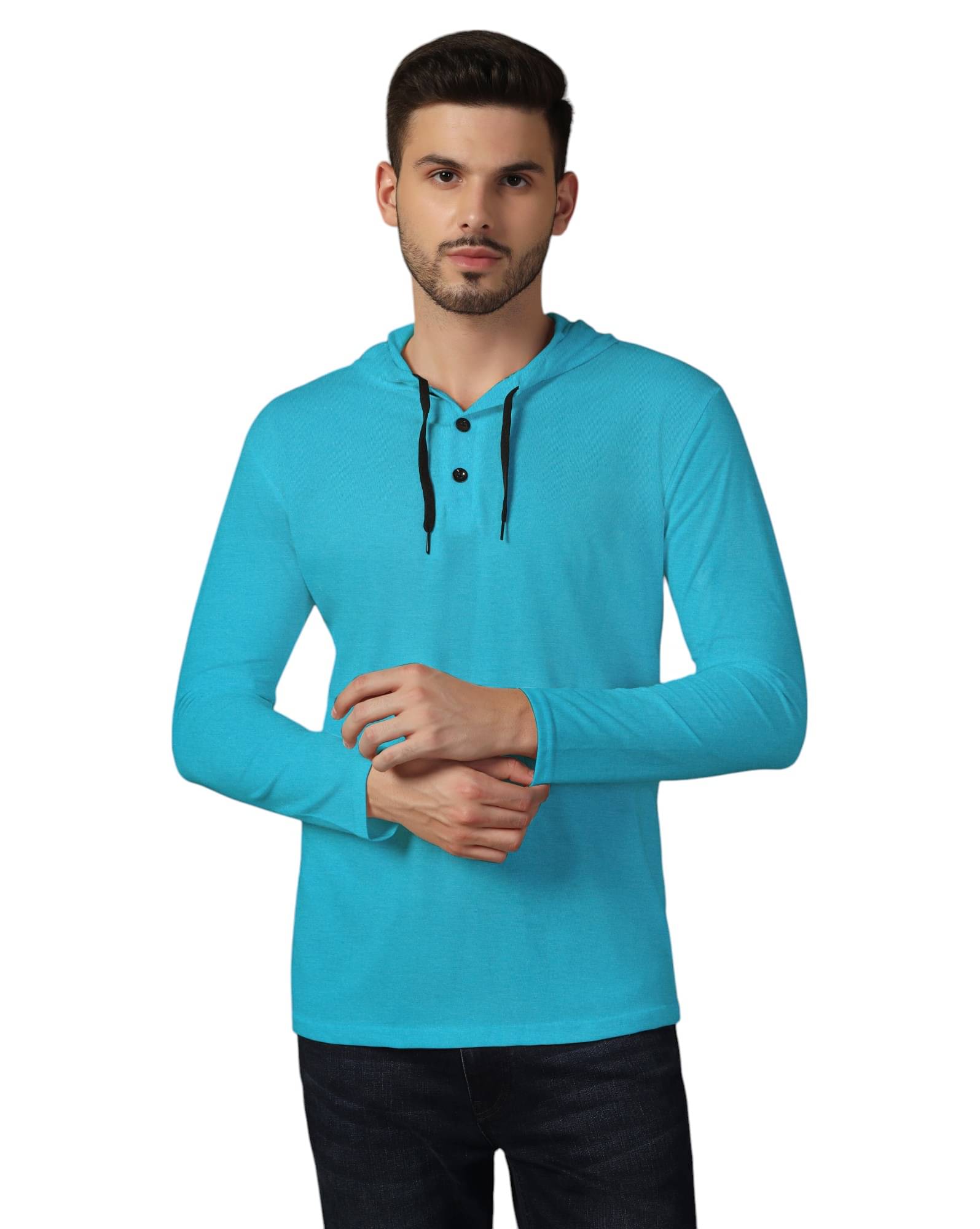 Beyou Fashion Cotton Blend Regular Fit Solid Full Sleeves Men's Hooded T-Shirt - Turquoise ( Pack of 1 )     			Beyou Fashion Cotton Blend Regular Fit Solid Full Sleeves Men's Hooded T-Shirt - Turquoise ( Pack of 1 )