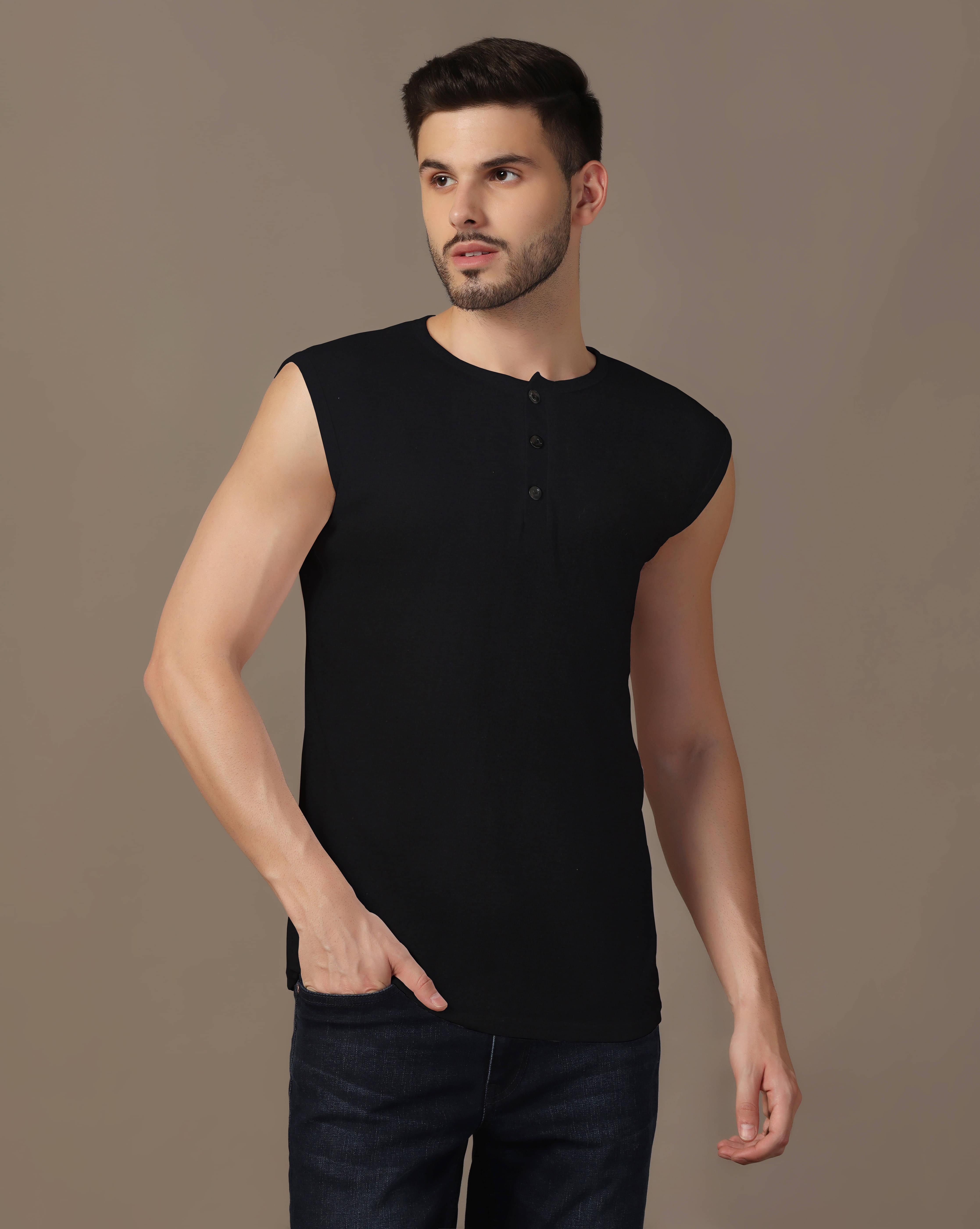 Beyou Fashion Cotton Blend Regular Fit Solid Sleeveless Men's Henley T-Shirt - Black ( Pack of 1 ) Beyou Fashion Cotton Blend Regular Fit Solid Sleeveless Men's Henley T-Shirt - Black ( Pack of 1 )