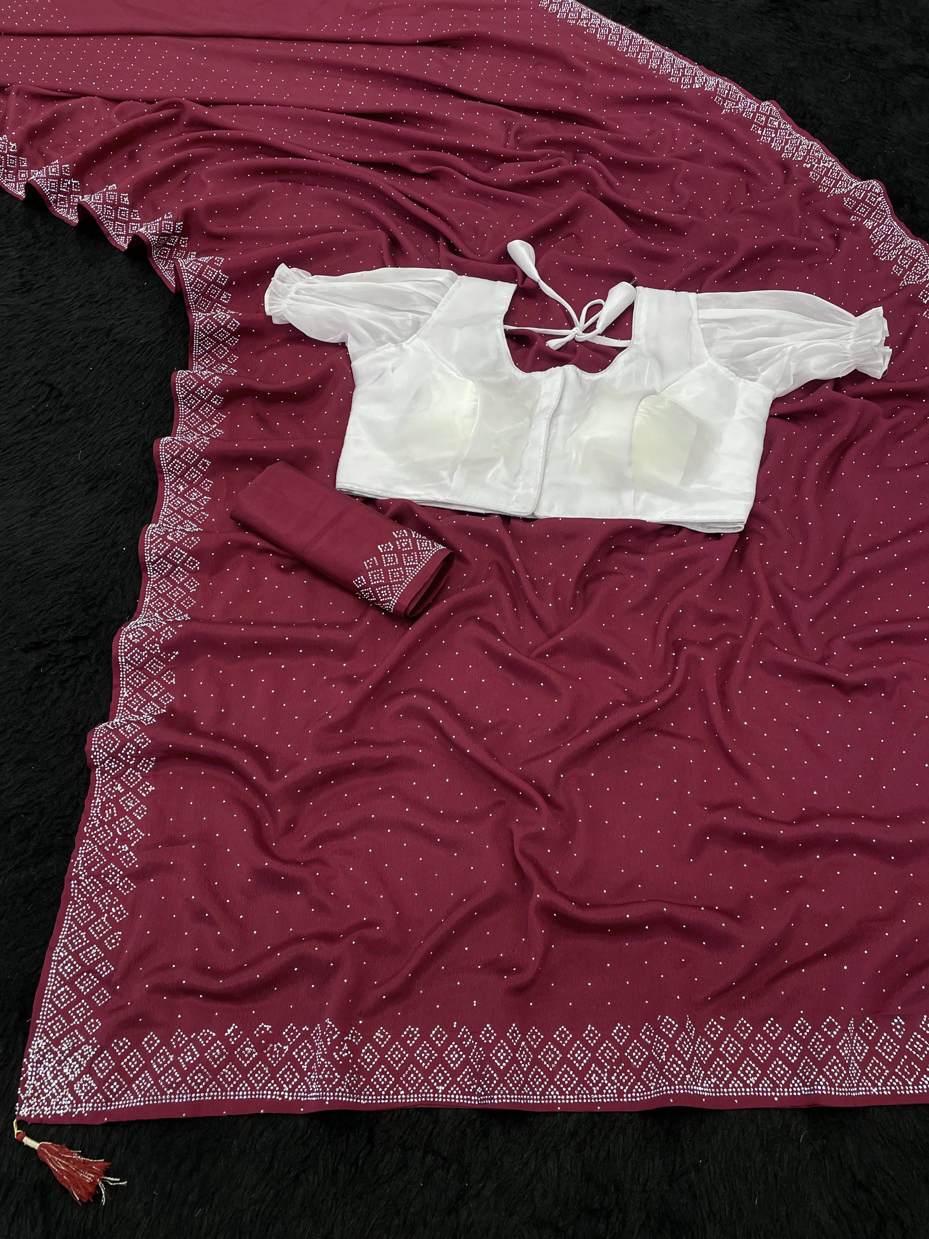 Gullak Crepe Embellished Saree With Stitched Blouse ( Maroon ) Gullak Crepe Embellished Saree With Stitched Blouse ( Maroon )