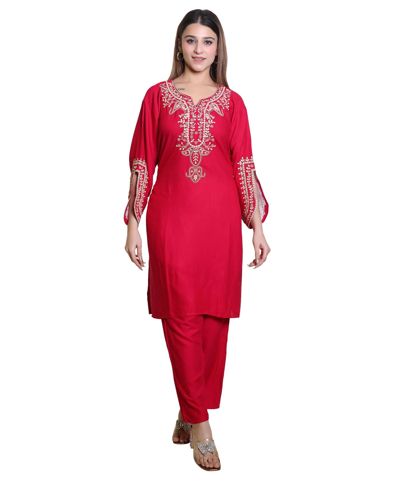     			HeteShe Cotton Embroidered Kurti With Pants Women's Stitched Salwar Suit - Magenta ( Pack of 1 )