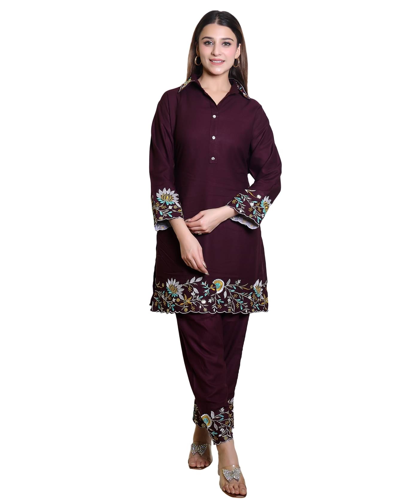     			HeteShe Cotton Embroidered Kurti With Pants Women's Stitched Salwar Suit - Burgundy ( Pack of 1 )