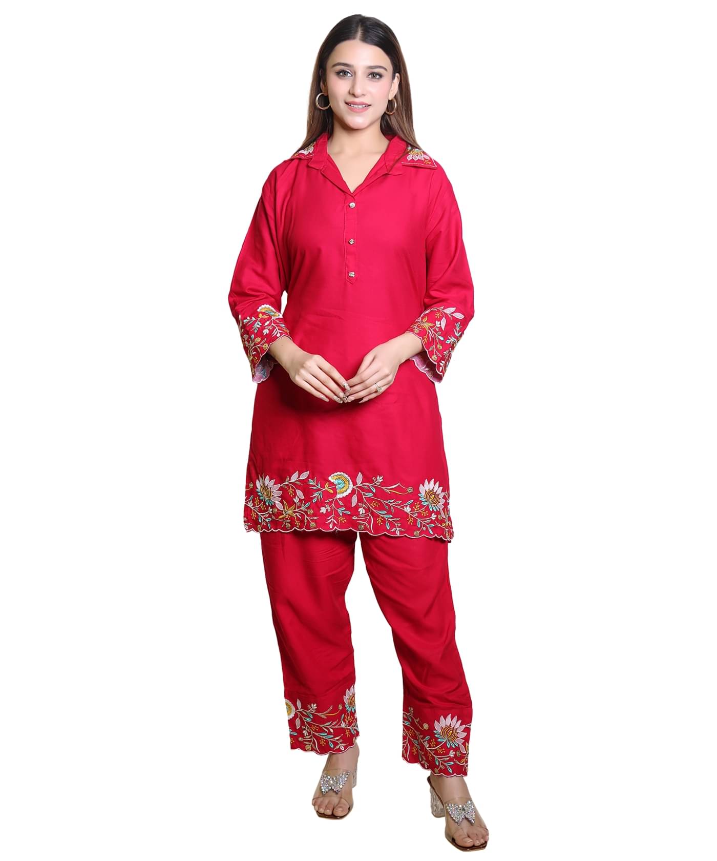     			HeteShe Cotton Embroidered Kurti With Pants Women's Stitched Salwar Suit - Magenta ( Pack of 1 )