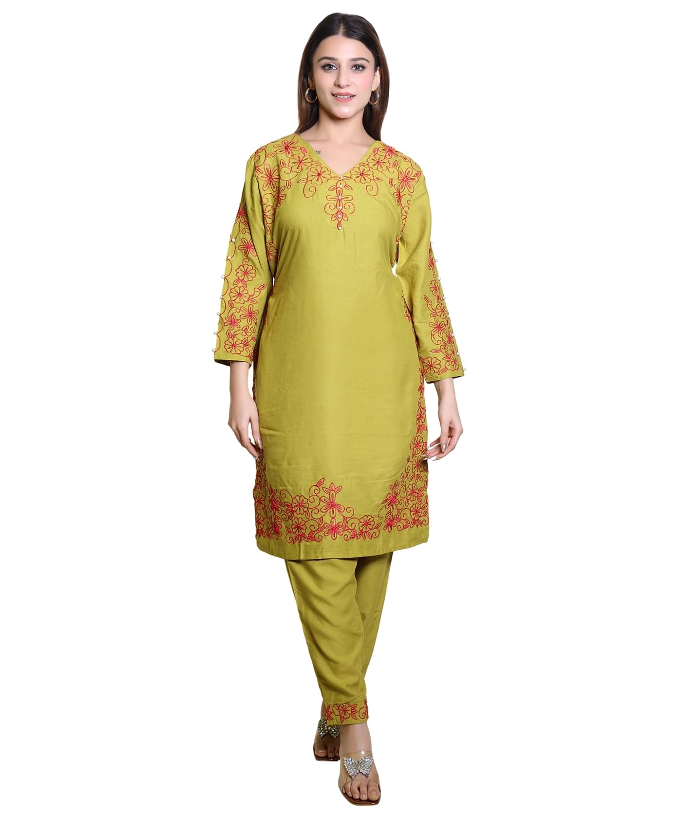     			HeteShe Cotton Embroidered Kurti With Pants Women's Stitched Salwar Suit - Fluorescent Green ( Pack of 1 )