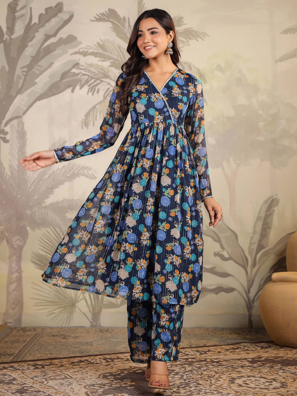 Janasya Chiffon Printed Kurti With Pants Women's Stitched Salwar Suit - Dark Blue ( Pack of 1 ) Janasya Chiffon Printed Kurti With Pants Women's Stitched Salwar Suit - Dark Blue ( Pack of 1 )