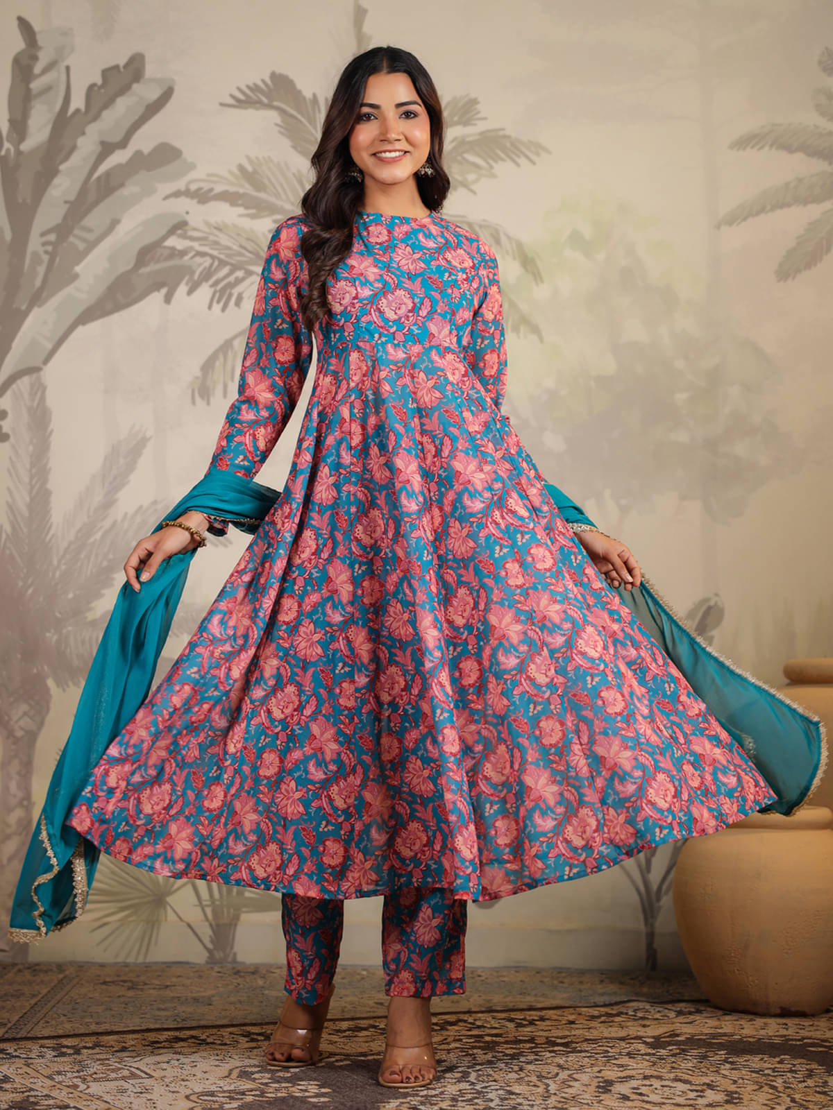     			Janasya Georgette Printed Kurti With Pants Women's Stitched Salwar Suit - Teal ( Pack of 1 )