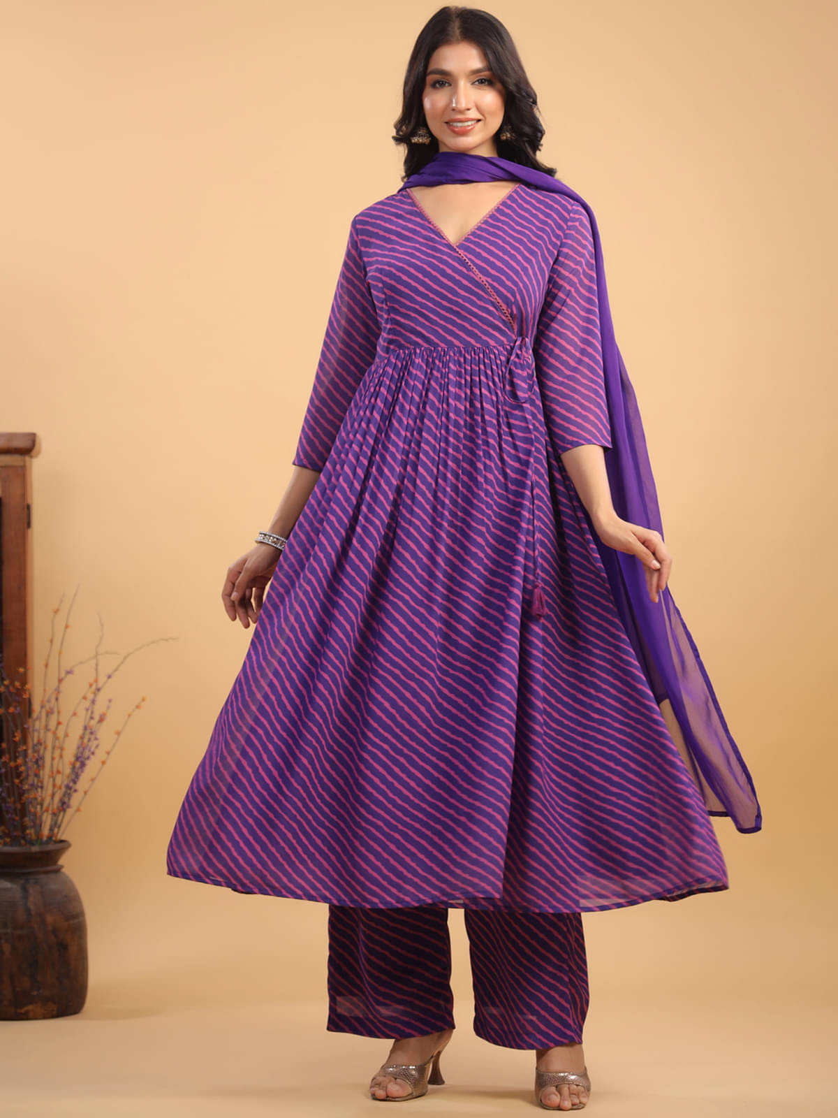     			Janasya Georgette Printed Kurti With Palazzo Women's Stitched Salwar Suit - Purple ( Pack of 1 )