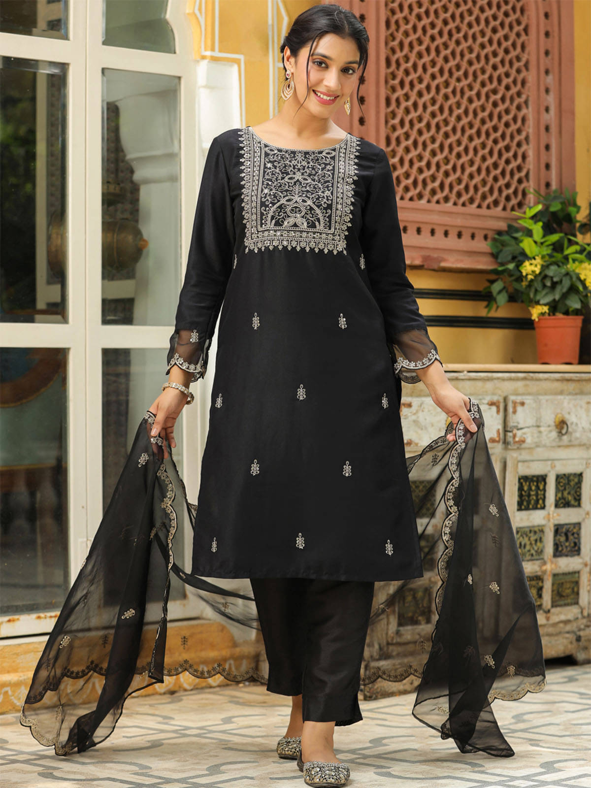 Janasya Silk Blend Embroidered Kurti With Pants Women's Stitched Salwar Suit - Black ( Pack of 1 ) Janasya Silk Blend Embroidered Kurti With Pants Women's Stitched Salwar Suit - Black ( Pack of 1 )