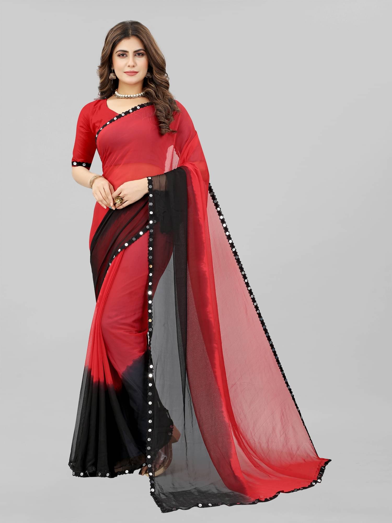 KV Fashion Chiffon Dyed Saree With Unstitched Blouse Piece ( Red ) KV Fashion Chiffon Dyed Saree With Unstitched Blouse Piece ( Red )