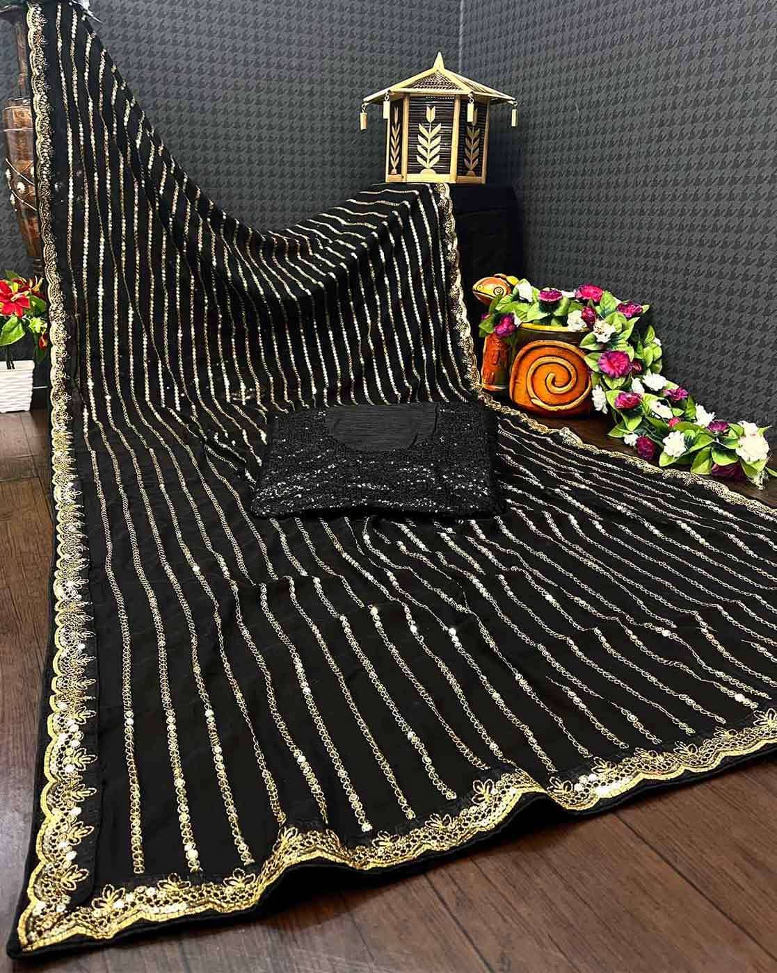    			KV Fashion Georgette Embellished Saree With Unstitched Blouse Piece ( Black )