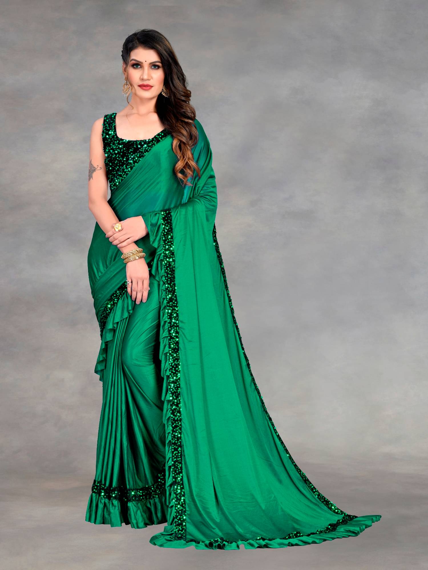 KV Fashion Lycra Embellished Saree With Unstitched Blouse Piece ( Green ) KV Fashion Lycra Embellished Saree With Unstitched Blouse Piece ( Green )