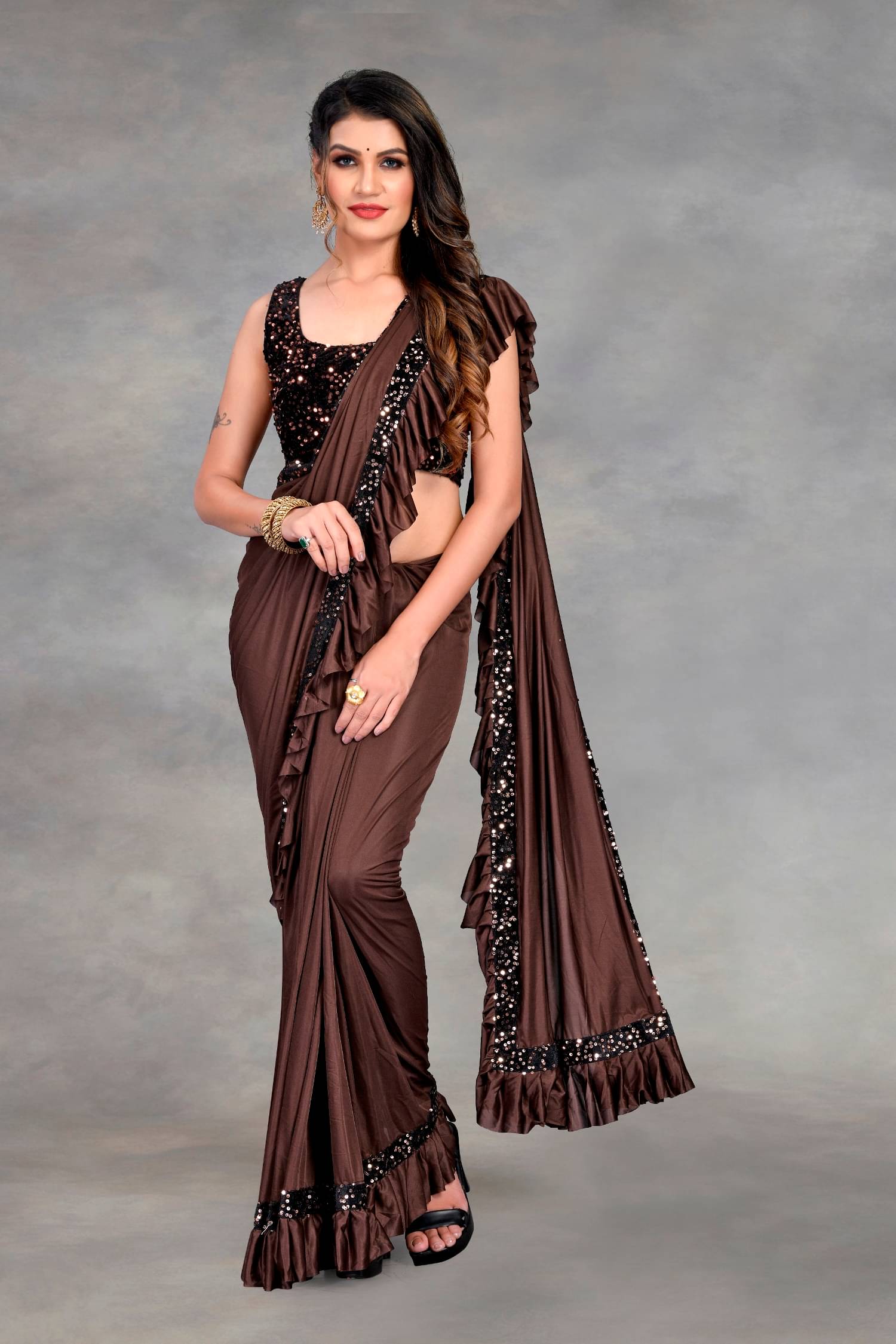 KV Fashion Lycra Embellished Saree With Unstitched Blouse Piece ( Coffee ) KV Fashion Lycra Embellished Saree With Unstitched Blouse Piece ( Coffee )