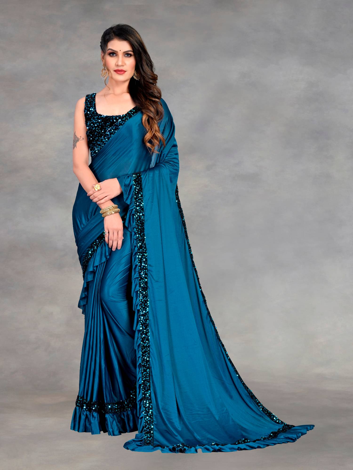KV Fashion Lycra Embellished Saree With Unstitched Blouse Piece ( Turquoise ) KV Fashion Lycra Embellished Saree With Unstitched Blouse Piece ( Turquoise )