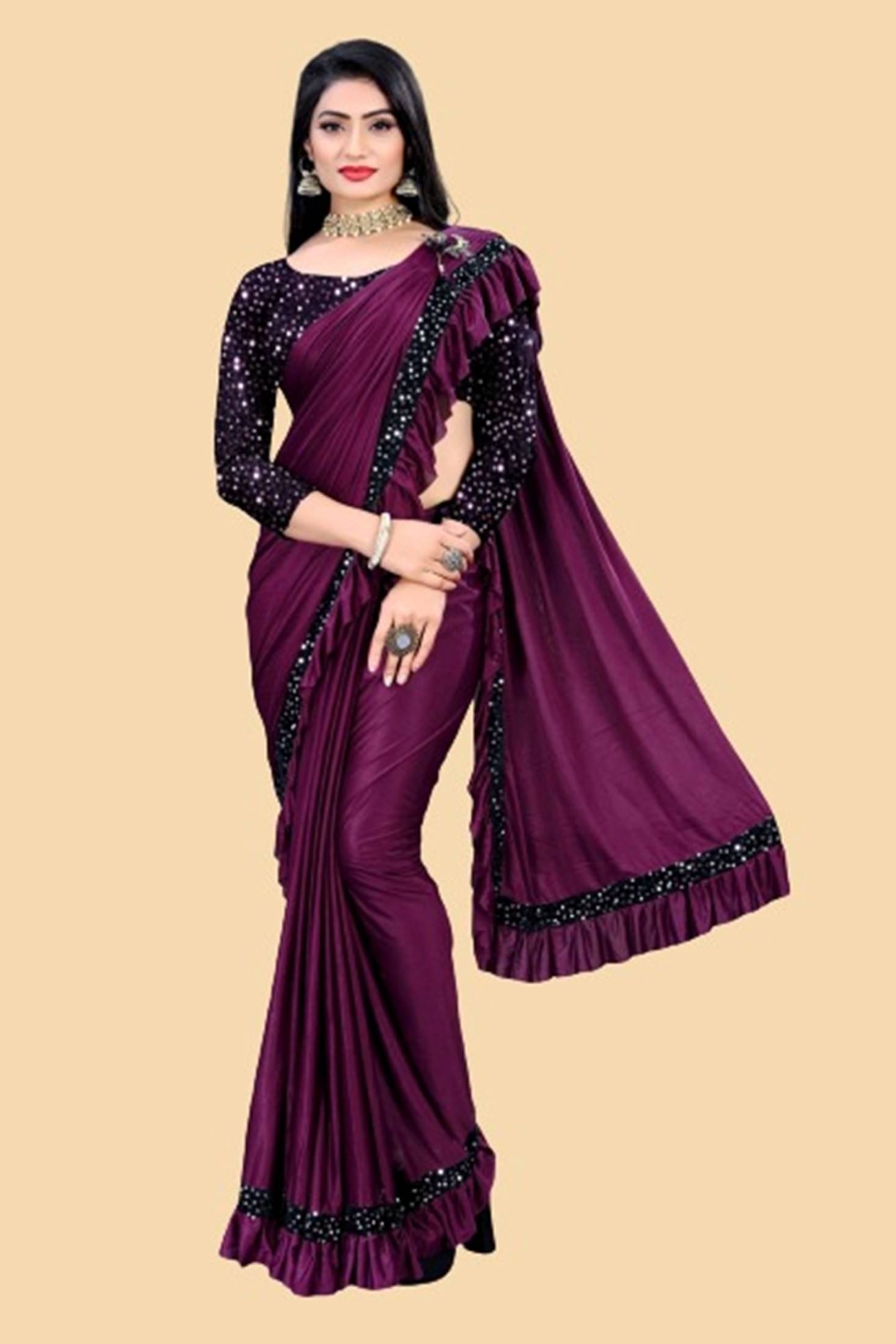     			KV Fashion Lycra Embellished Saree With Unstitched Blouse Piece ( Wine )