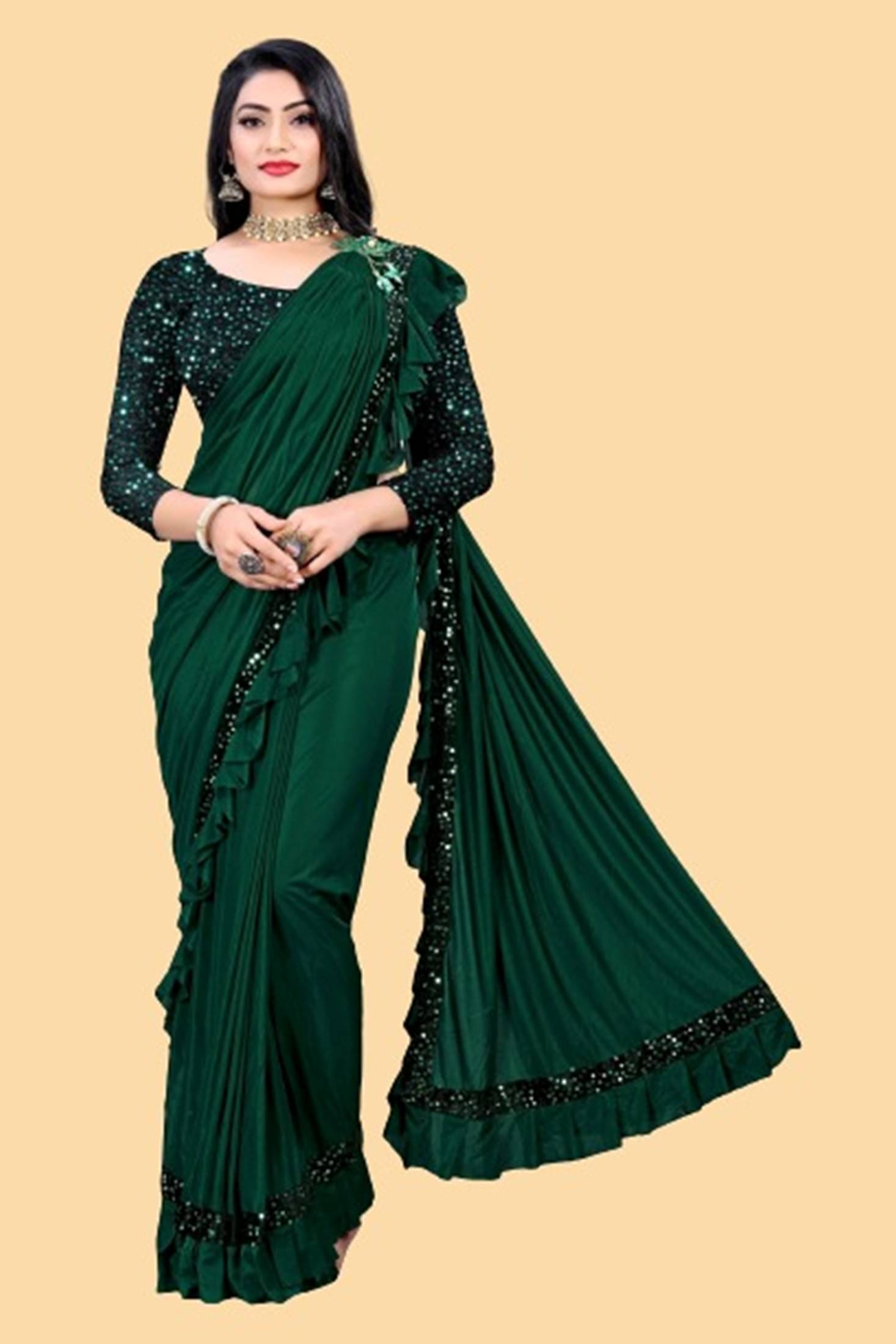 KV Fashion Lycra Embellished Saree With Unstitched Blouse Piece ( Green )     			KV Fashion Lycra Embellished Saree With Unstitched Blouse Piece ( Green )