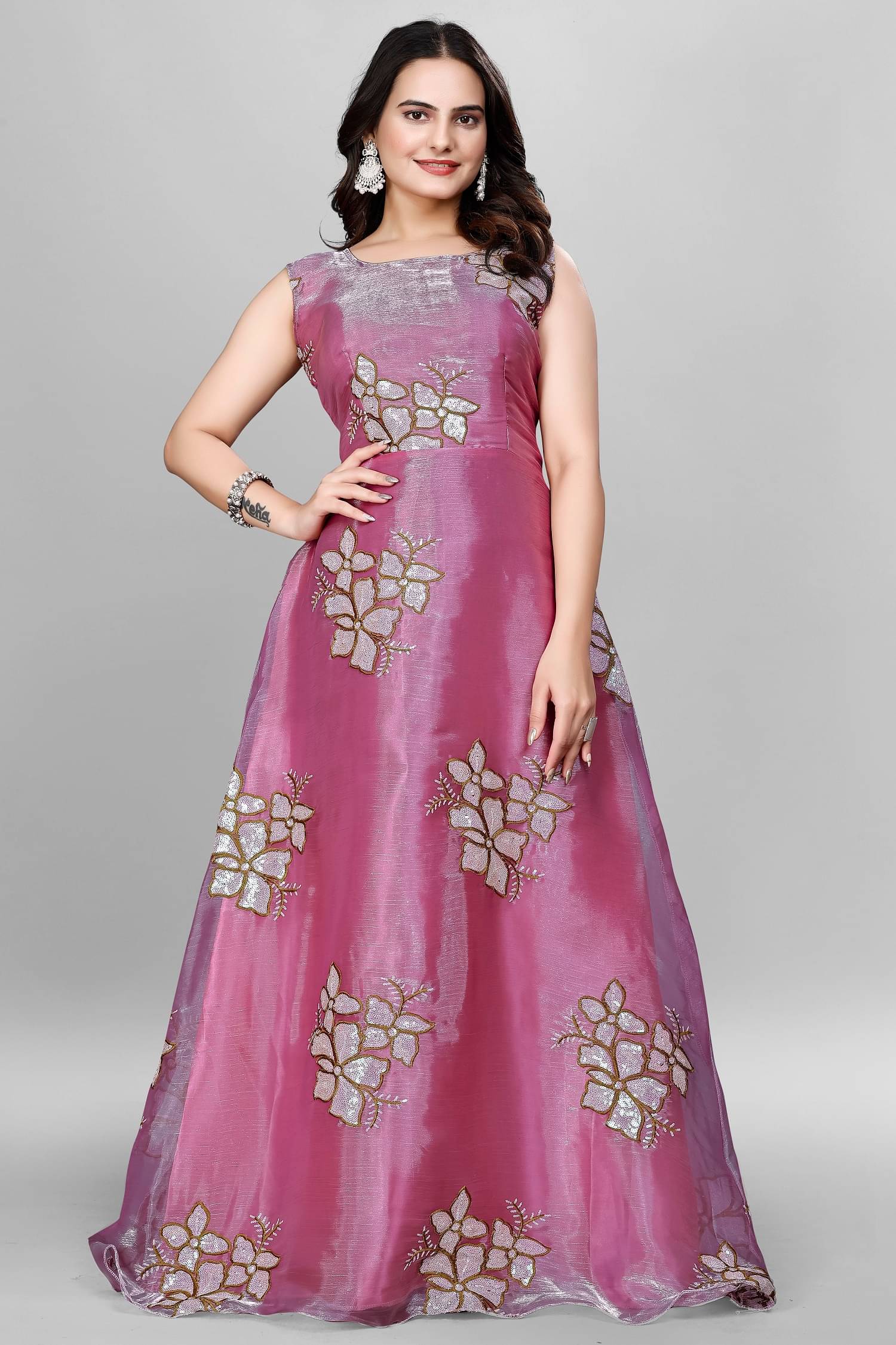 KV Fashion Peach Flared Organza Women's Semi Stitched Ethnic Gown ( Pack of 1 )     			KV Fashion Peach Flared Organza Women's Semi Stitched Ethnic Gown ( Pack of 1 )