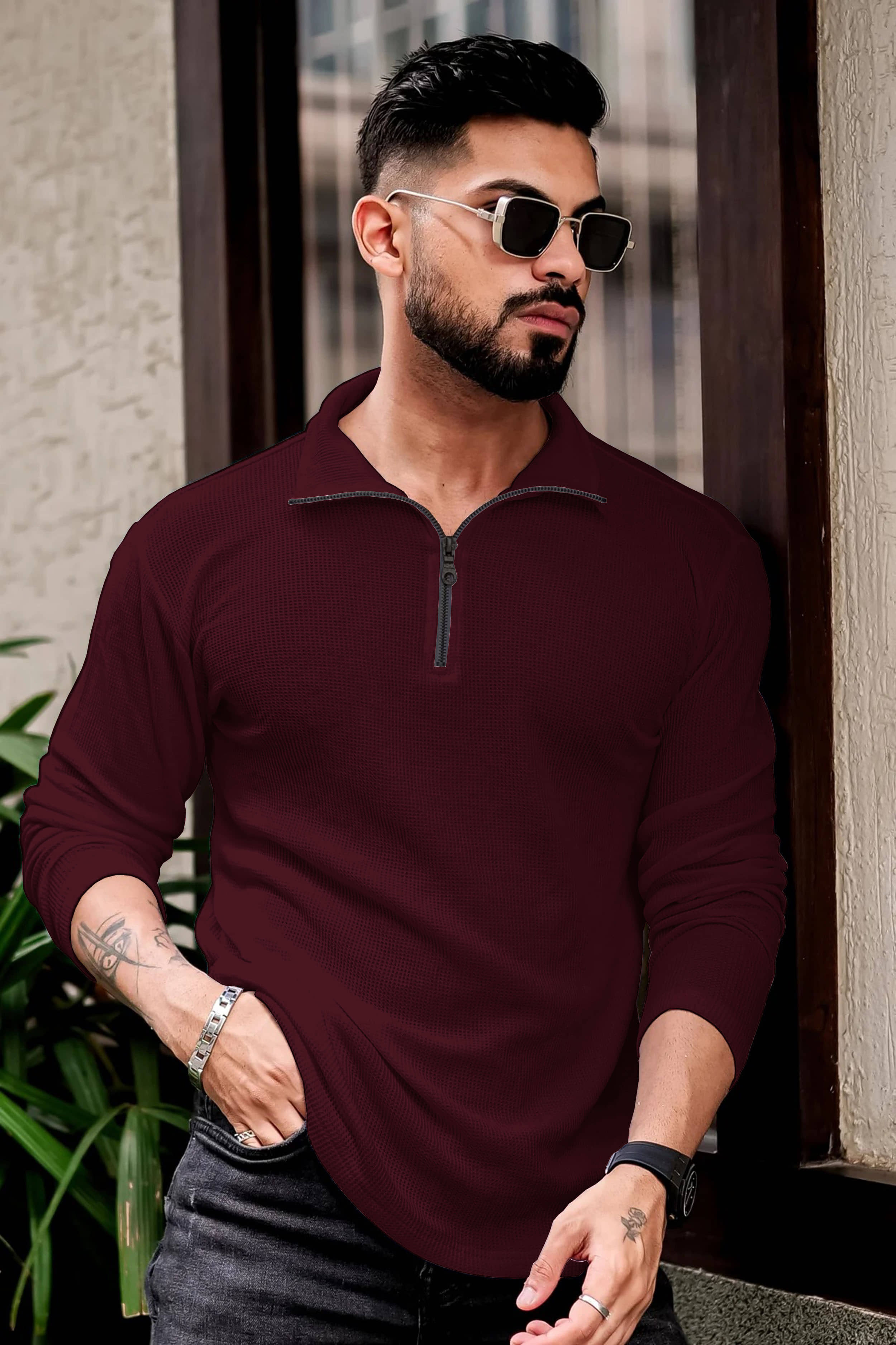 Kushi flyer Cotton Blend Regular Fit Printed Full Sleeves Men's Mandarin Collar T-Shirt - Wine ( Pack of 1 )