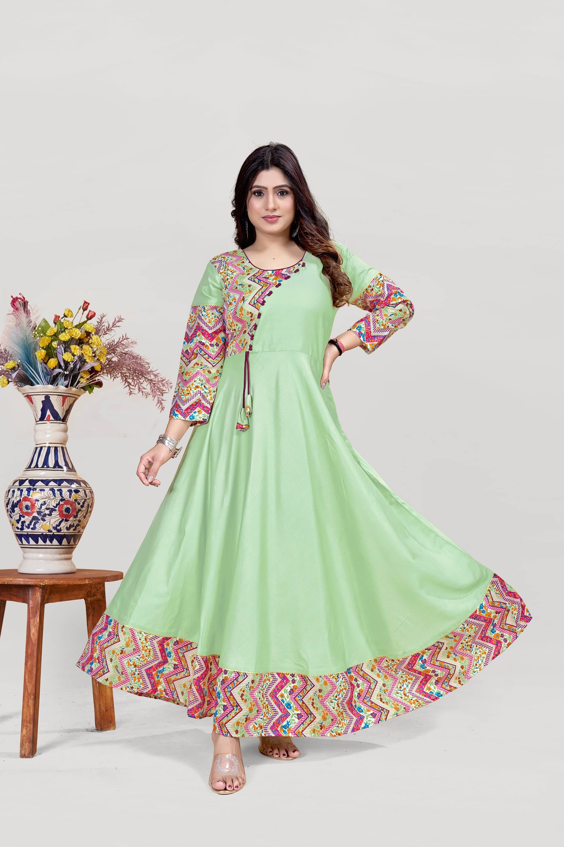     			MEESORRA Pack of 1 Rayon Printed Anarkali Women's Kurti - ( Light Green )