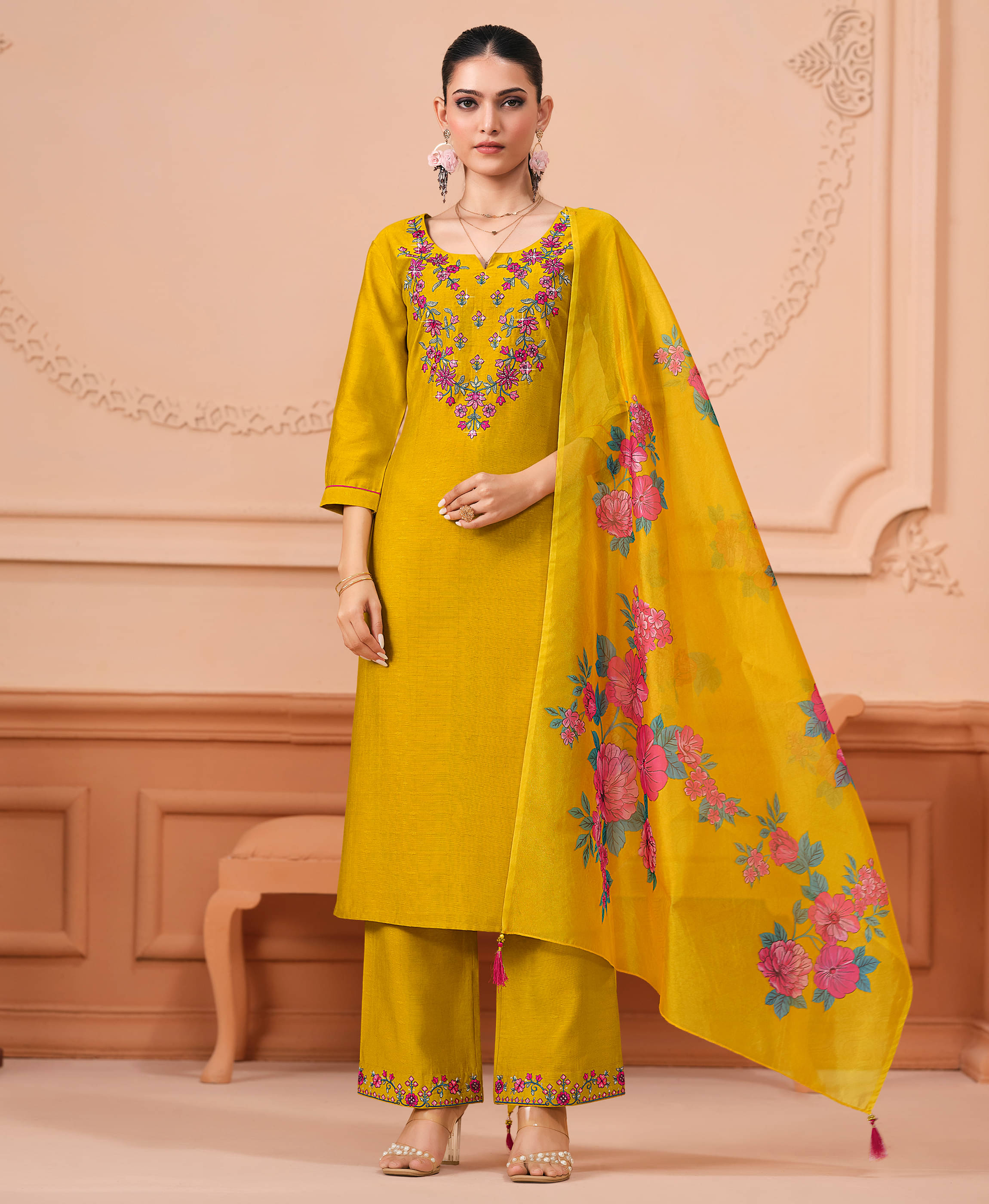 MOJILAA Viscose Embroidered Kurti With Palazzo Women's Stitched Salwar Suit - Mustard ( Pack of 1 ) MOJILAA Viscose Embroidered Kurti With Palazzo Women's Stitched Salwar Suit - Mustard ( Pack of 1 )