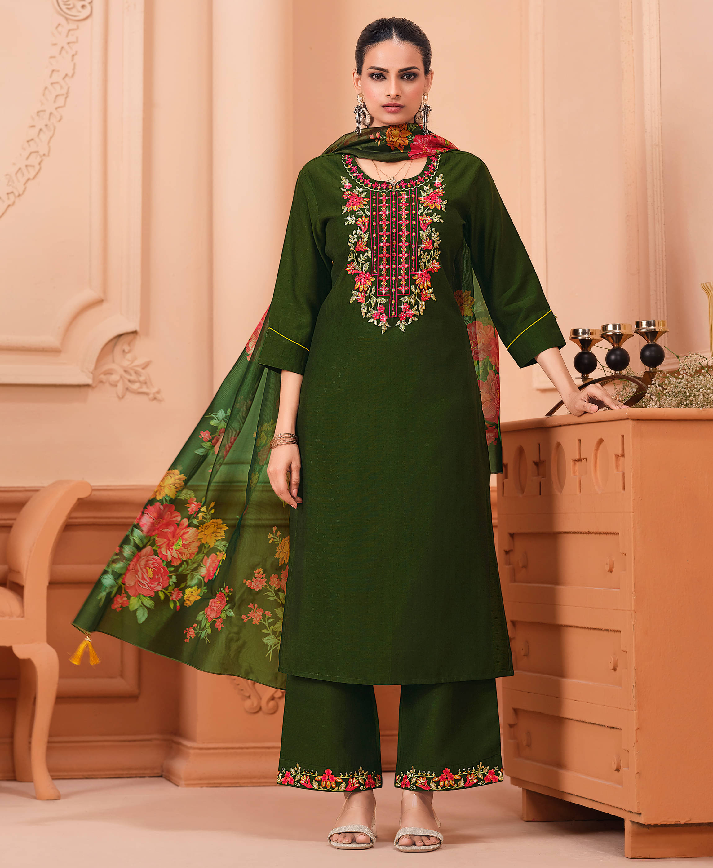     			MOJILAA Viscose Embroidered Kurti With Palazzo Women's Stitched Salwar Suit - Green ( Pack of 1 )