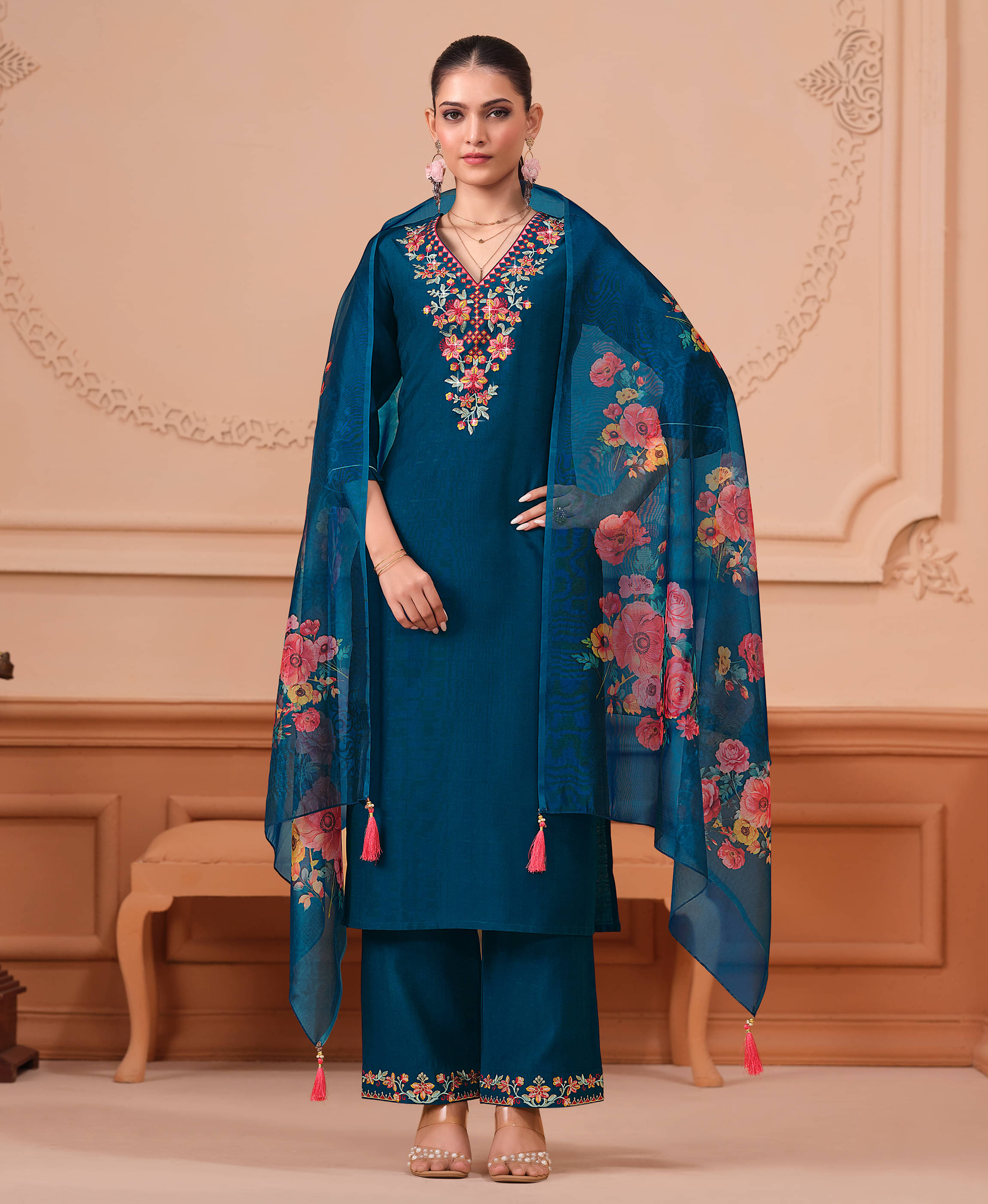     			MOJILAA Viscose Embroidered Kurti With Palazzo Women's Stitched Salwar Suit - Teal ( Pack of 1 )