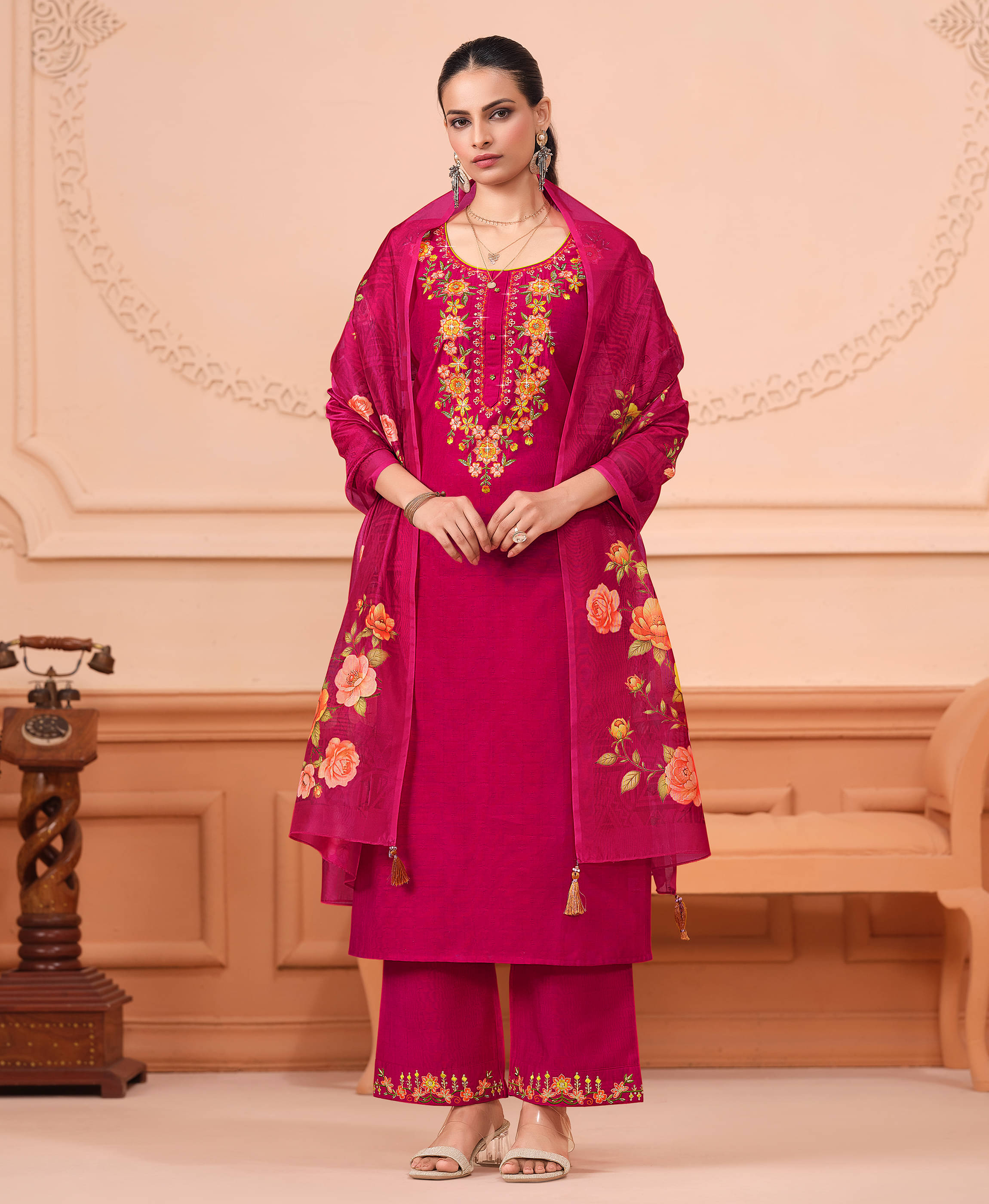     			MOJILAA Viscose Embroidered Kurti With Palazzo Women's Stitched Salwar Suit - Pink ( Pack of 1 )