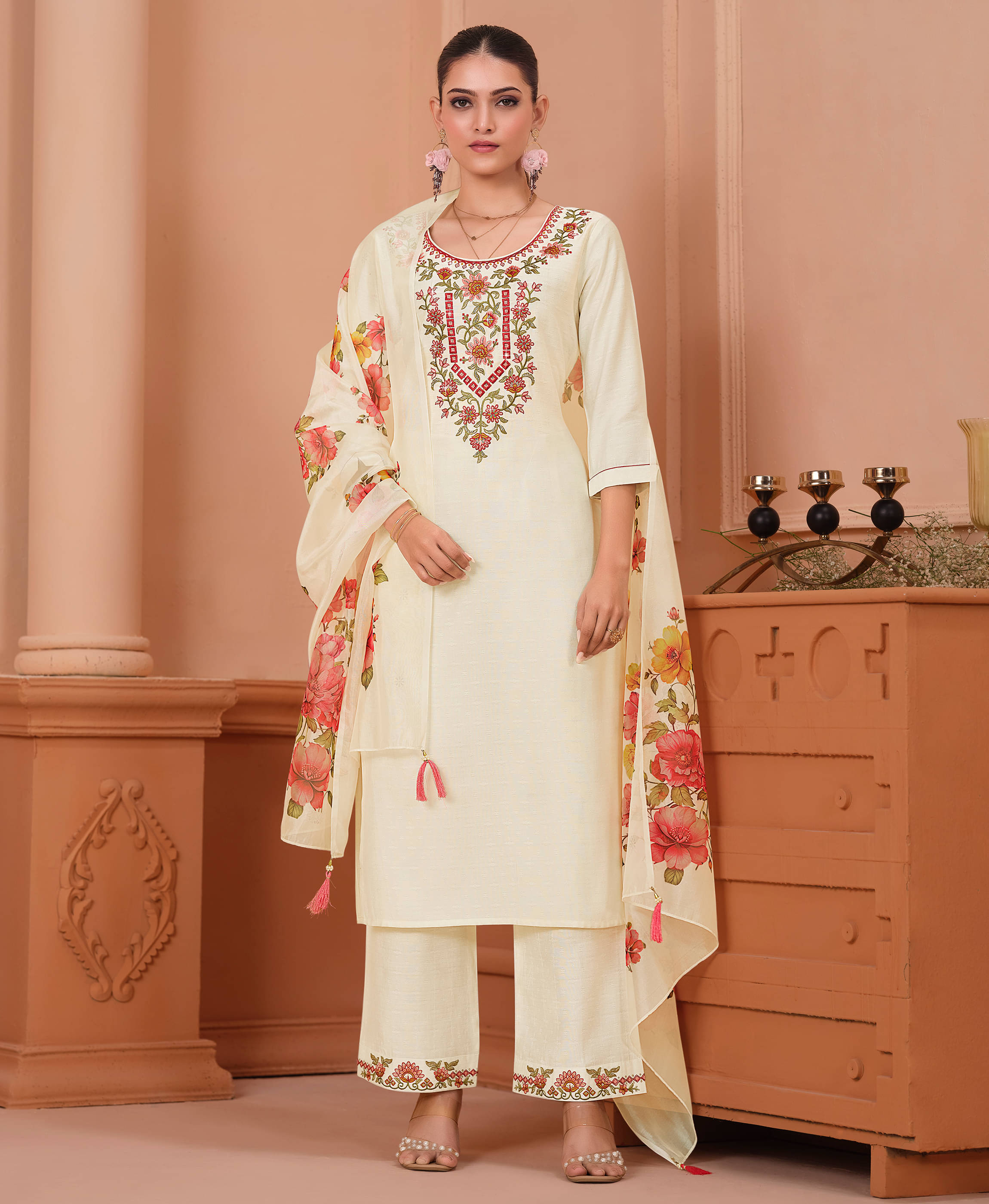 MOJILAA Viscose Embroidered Kurti With Palazzo Women's Stitched Salwar Suit - White ( Pack of 1 ) MOJILAA Viscose Embroidered Kurti With Palazzo Women's Stitched Salwar Suit - White ( Pack of 1 )