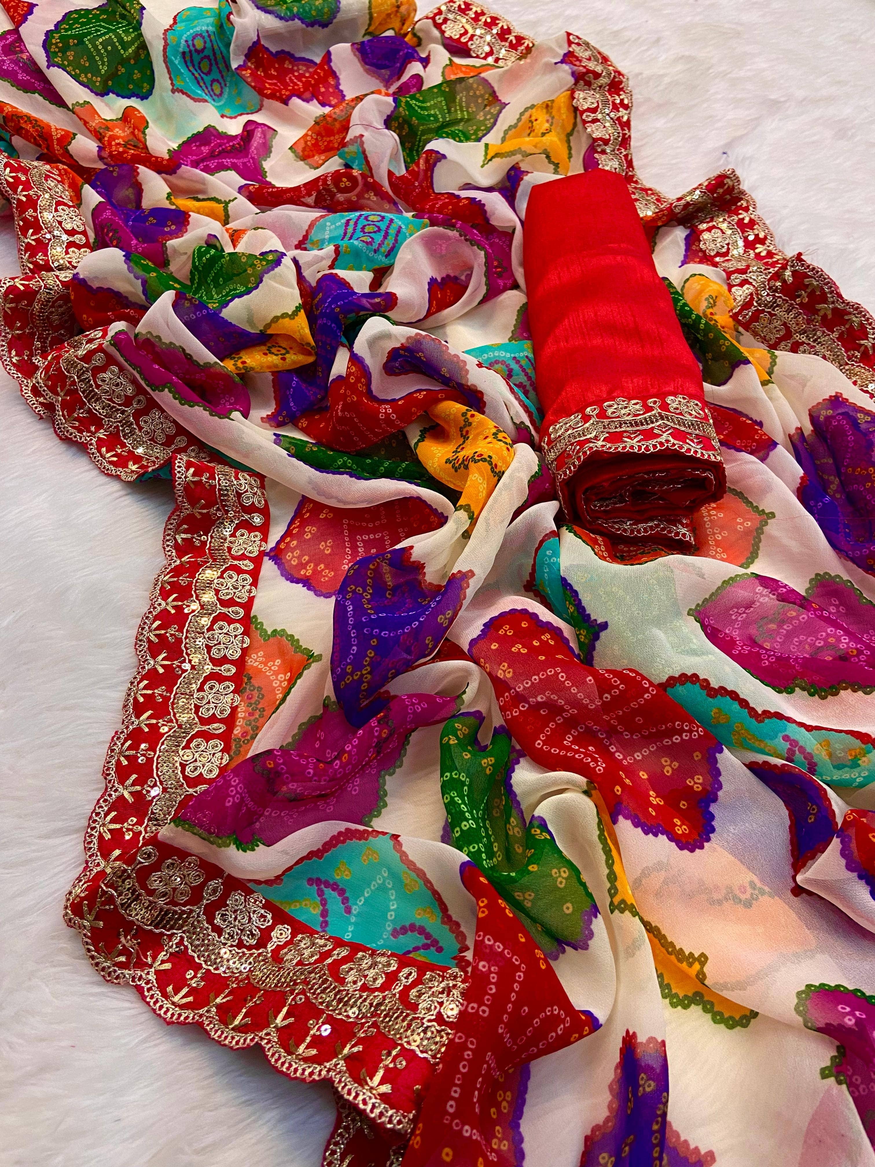 Nil Madhav Art Georgette Embellished Saree With Unstitched Blouse Piece ( Multicolor ) - Sarees | Buy online on ZillyBuy