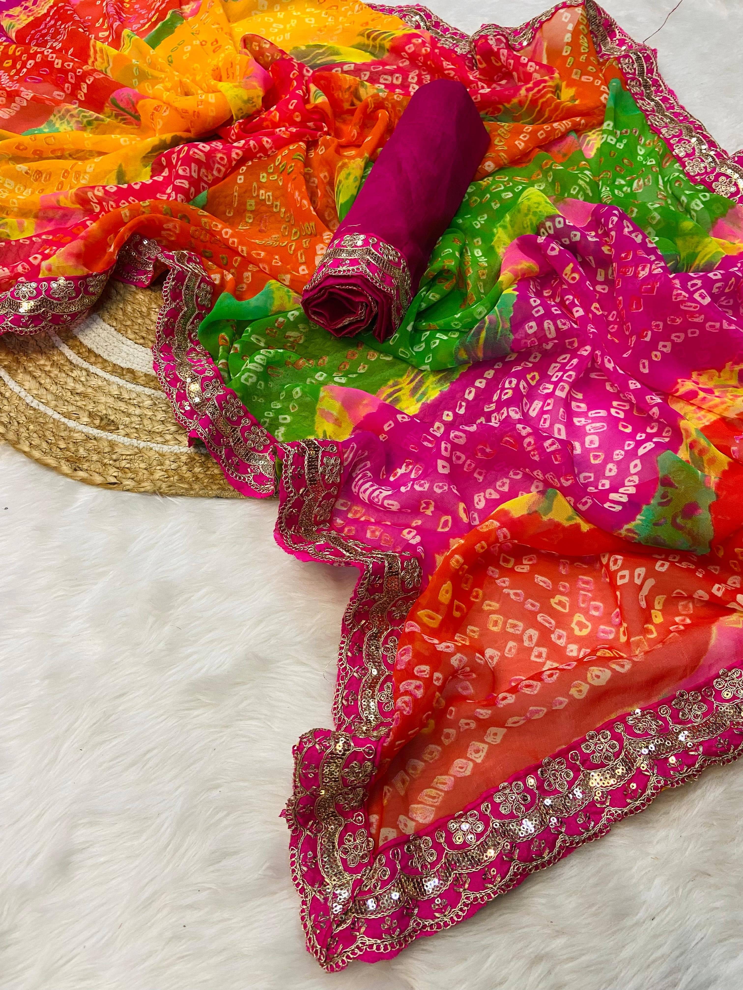     			Nil Madhav Art Georgette Embellished Saree With Unstitched Blouse Piece ( Multicolor )