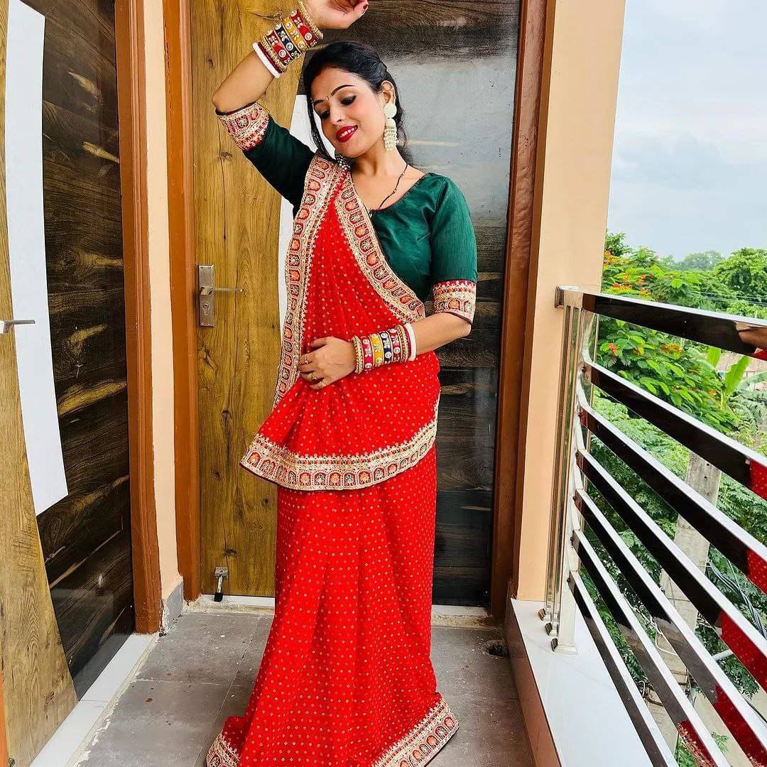 Nil Madhav Art Georgette Embellished Bandhani Sarees With Unstitched Blouse Piece ( Red ) Nil Madhav Art Georgette Embellished Bandhani Sarees With Unstitched Blouse Piece ( Red )