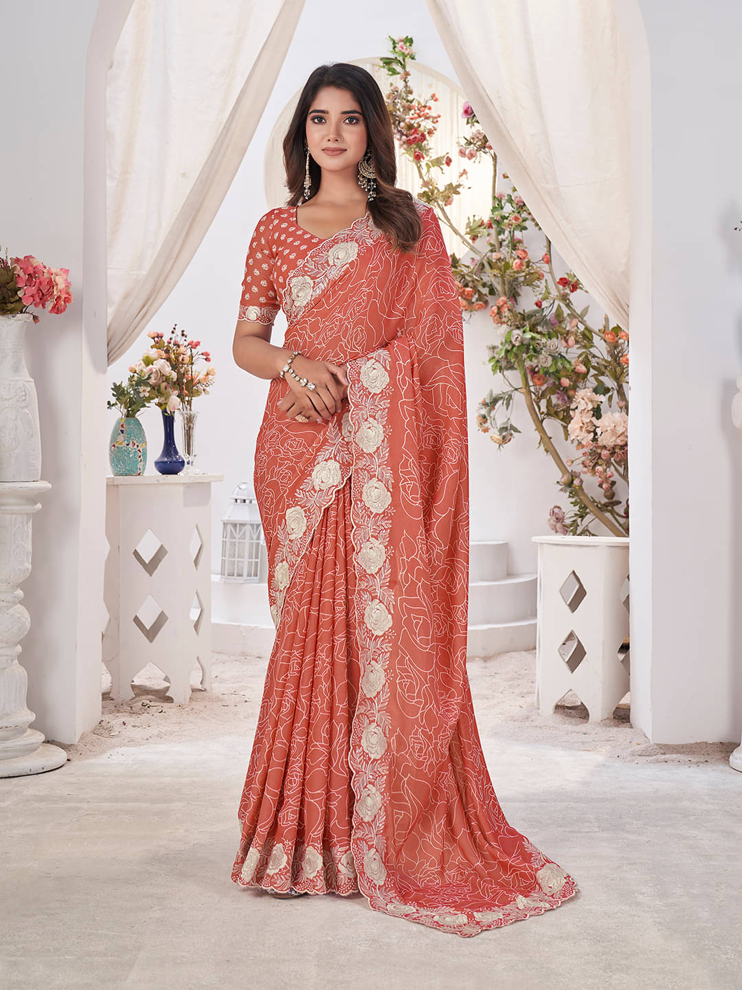 Rekha Maniyar Georgette Printed Saree With Unstitched Blouse Piece ( Peach ) Rekha Maniyar Georgette Printed Saree With Unstitched Blouse Piece ( Peach )
