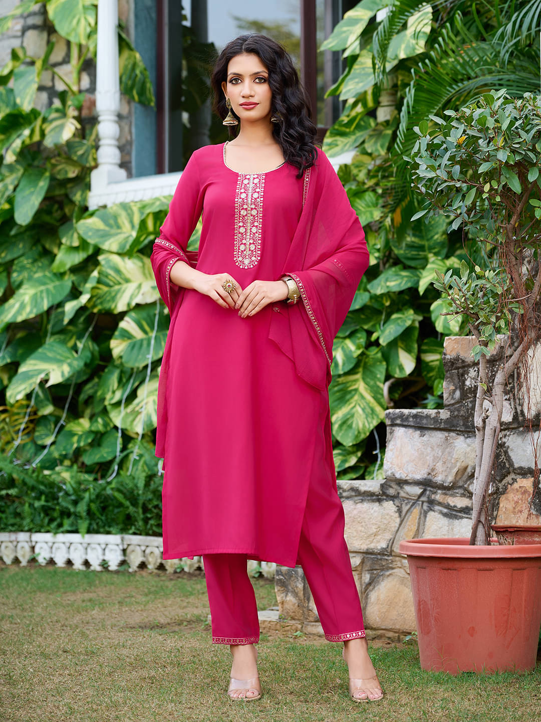 VIBE VISION Silk Blend Embroidered Kurti With Pants Women's Stitched Salwar Suit - Pink ( Pack of 1 )     			VIBE VISION Silk Blend Embroidered Kurti With Pants Women's Stitched Salwar Suit - Pink ( Pack of 1 )