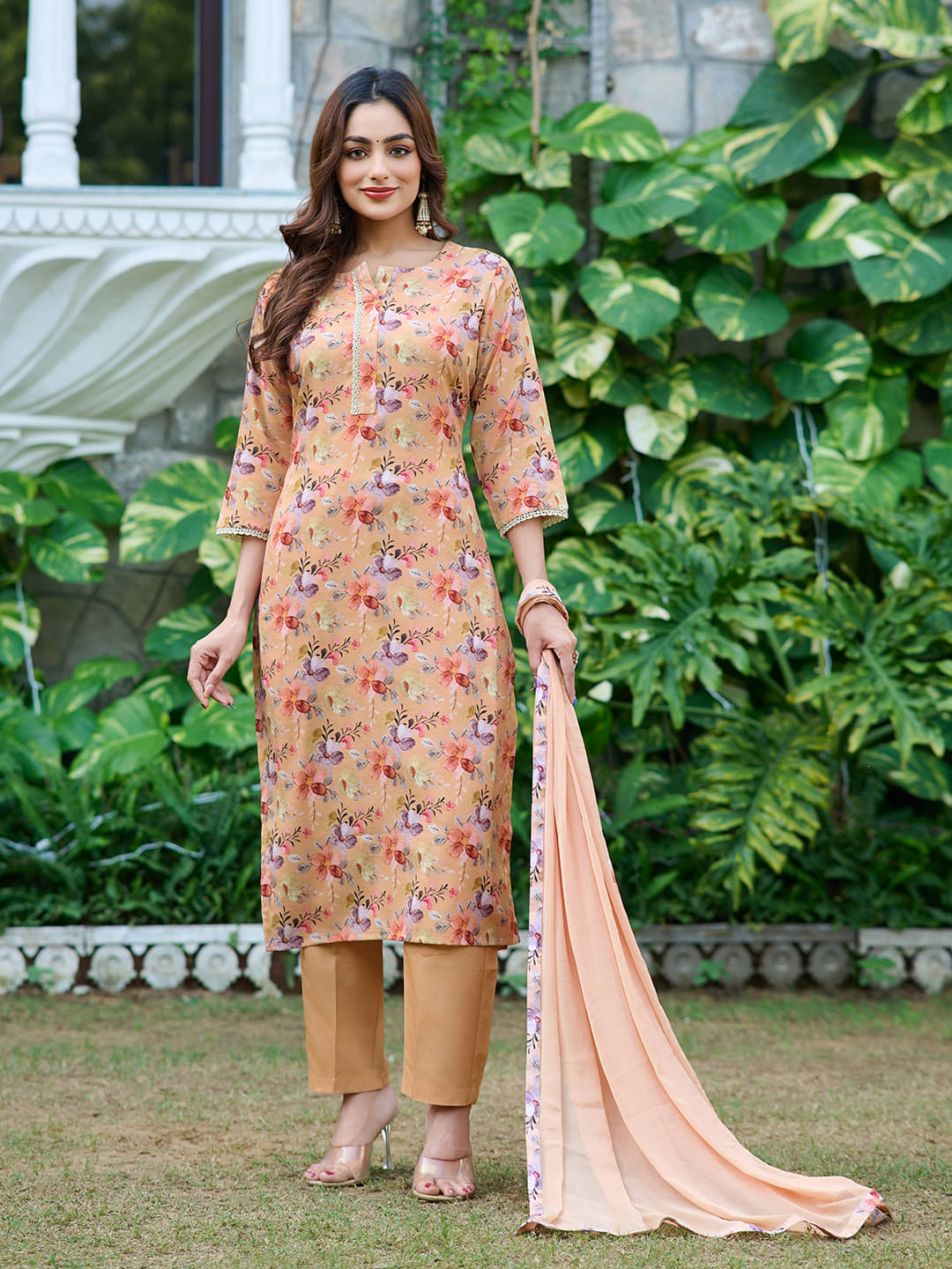 VIBE VISION Silk Blend Printed Kurti With Pants Women's Stitched Salwar Suit - Beige ( Pack of 1 ) VIBE VISION Silk Blend Printed Kurti With Pants Women's Stitched Salwar Suit - Beige ( Pack of 1 )