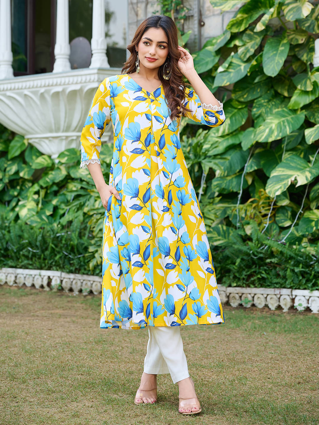    			VIBE VISION Silk Blend Printed Kurti With Pants Women's Stitched Salwar Suit - Yellow ( Pack of 1 )