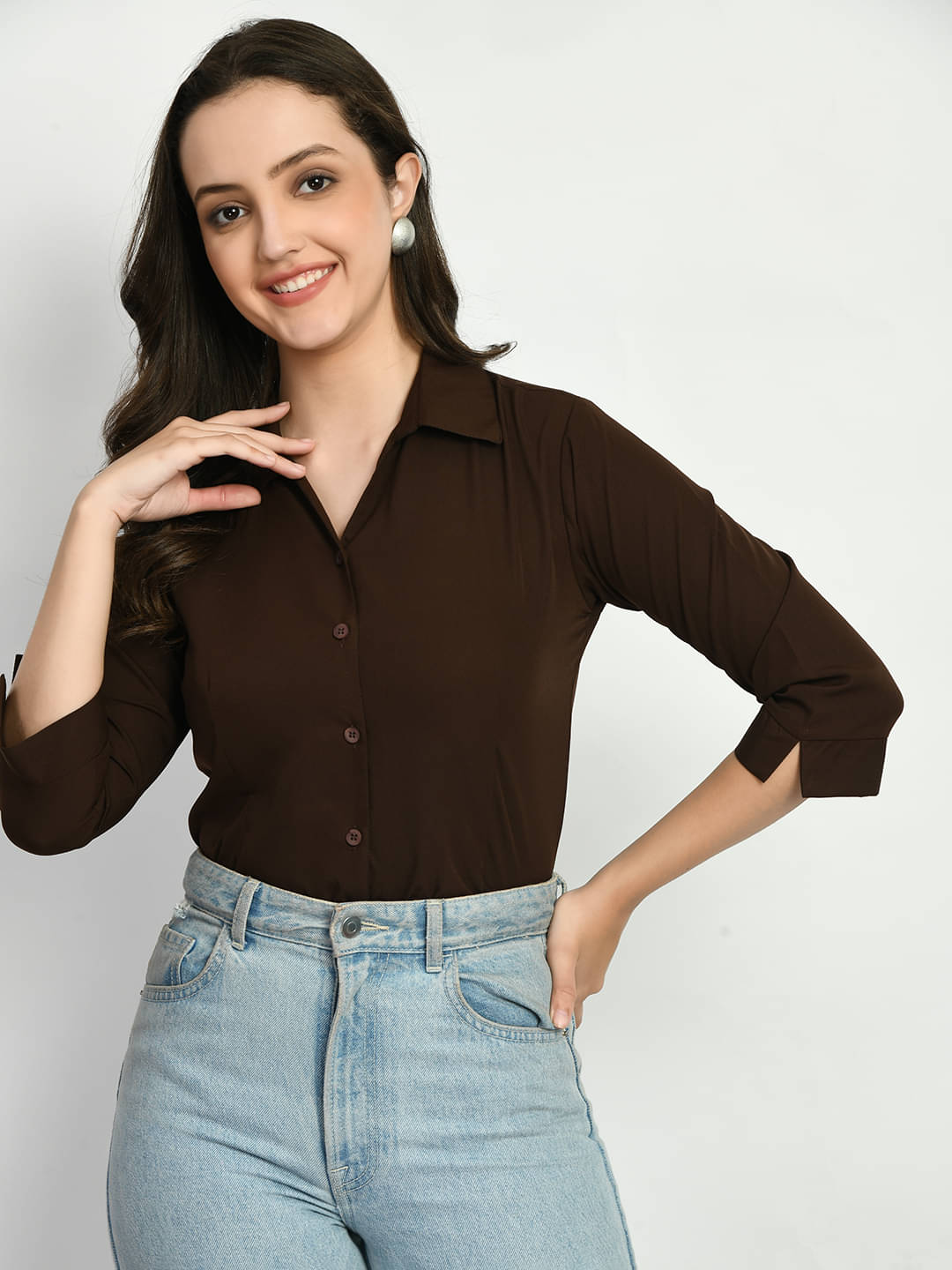 akshatani Women Solid Poly Crepe Shirt ( Brown )     			akshatani Women Solid Poly Crepe Shirt ( Brown )