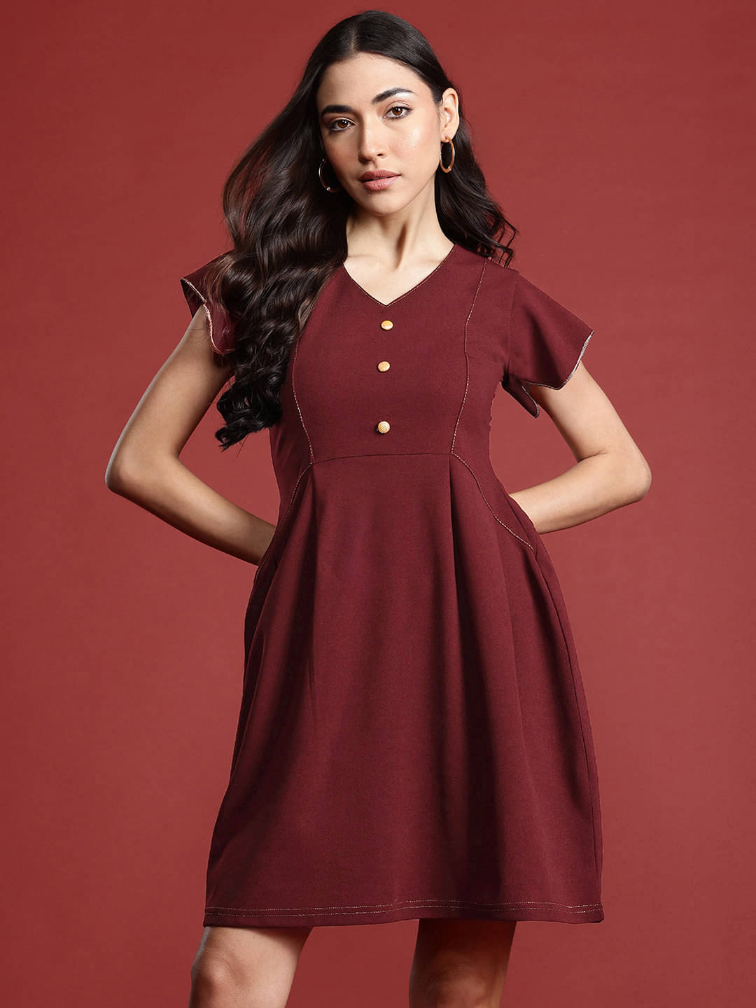 Addyvero Women Polyester Solid A-line Dress ( Maroon ) Addyvero Women Polyester Solid A-line Dress ( Maroon )