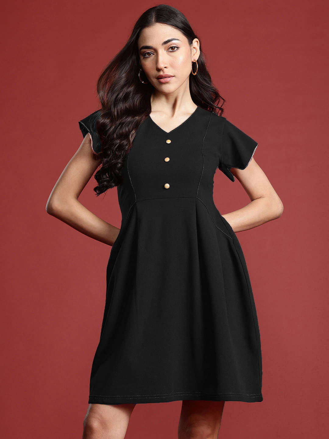 Addyvero Women Polyester Solid A-line Dress ( Black ) Addyvero Women Polyester Solid A-line Dress ( Black )