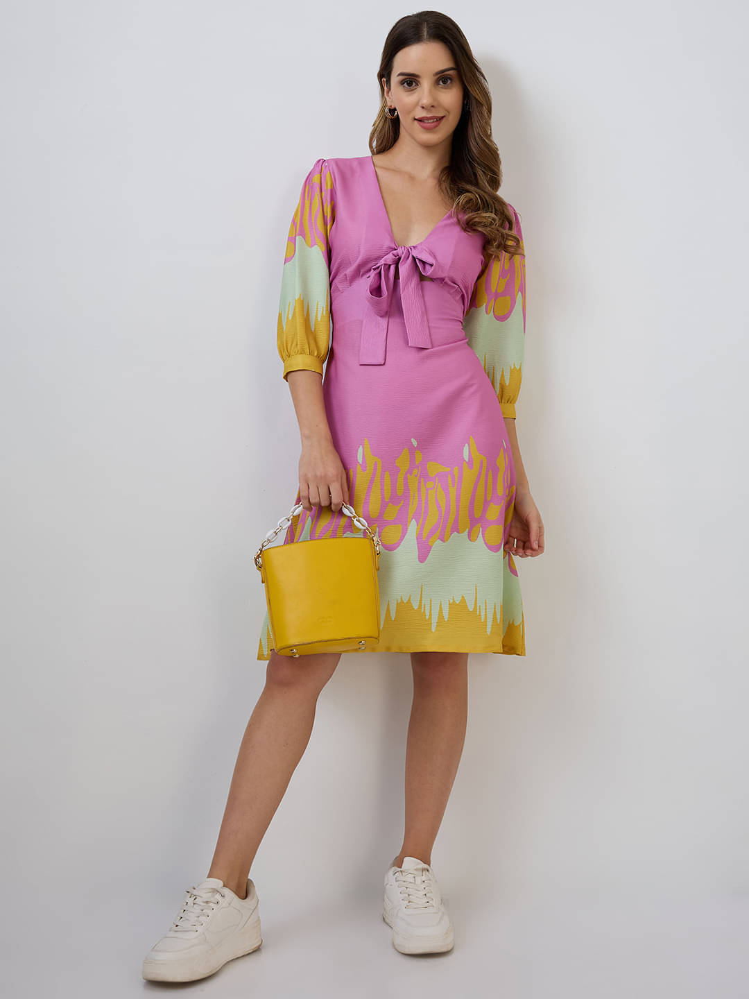 Amarasha Women Crepe Printed Fit & Flare Dress ( Pink ) Amarasha Women Crepe Printed Fit & Flare Dress ( Pink )