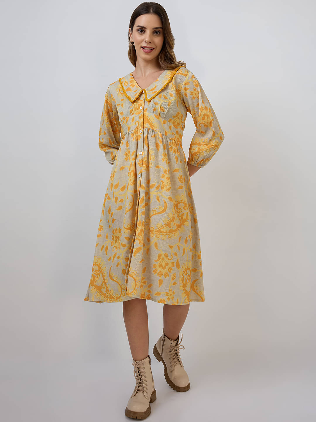     			Amarasha Women Crepe Printed Fit & Flare Dress ( Yellow )