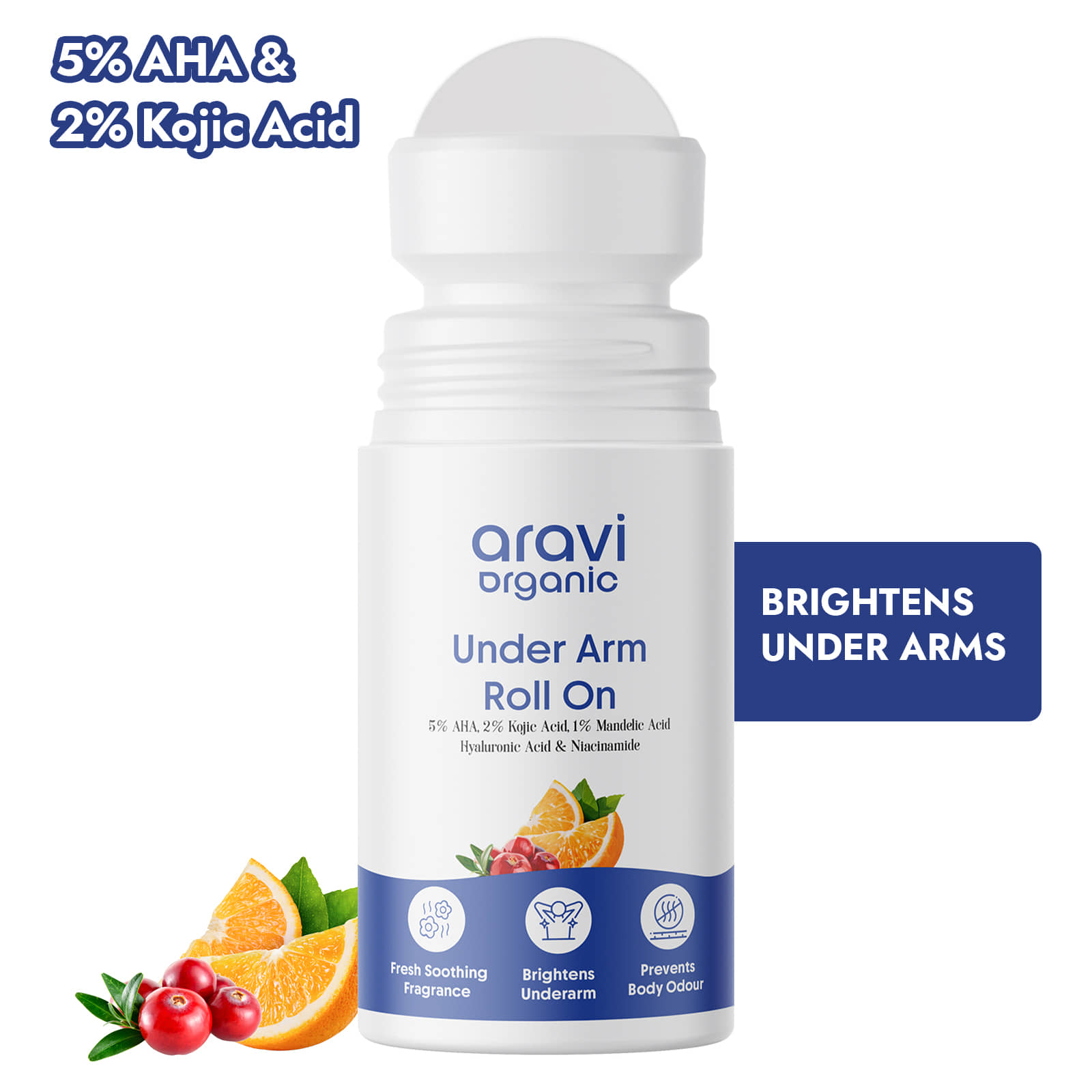 Aravi Organic Under Arm Roll On , 5% AHA 2% Kojic Acid & 1% Mandelic Acid Control Body Odour , 50ml